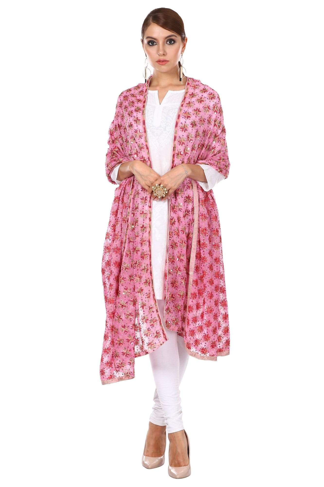 Pashtush Shawl Store Dupatta Pashtush Womens Chiffon Dupatta, Light Pink with Multicoloured Embroidery, Light Weight