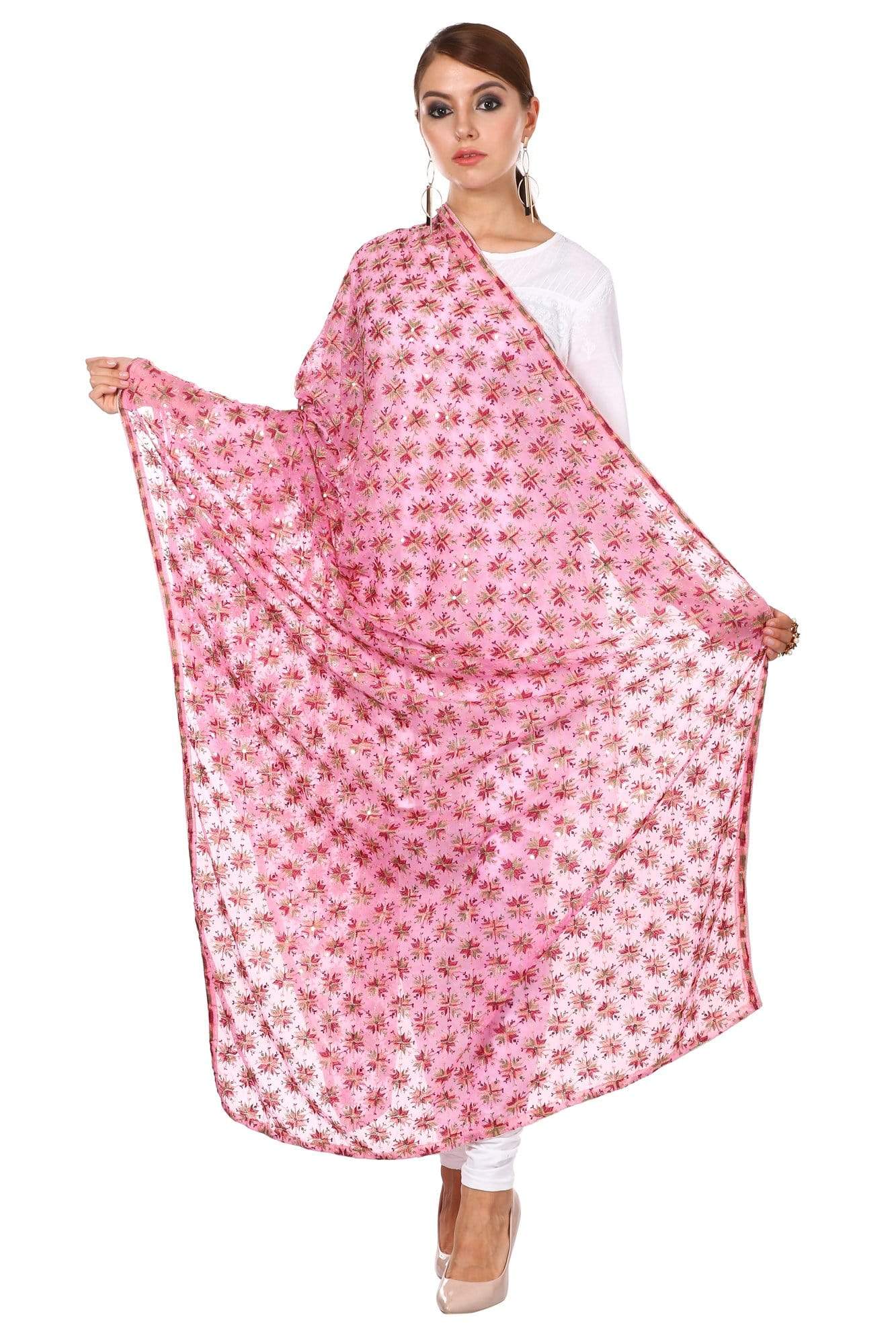 Pashtush Shawl Store Dupatta Pashtush Womens Chiffon Dupatta, Light Pink with Multicoloured Embroidery, Light Weight