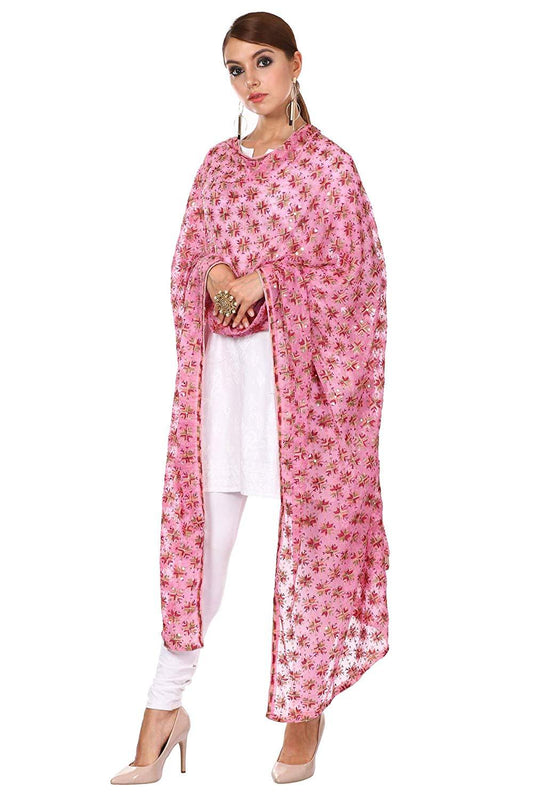 Pashtush Shawl Store Dupatta Pashtush Womens Chiffon Dupatta, Light Pink with Multicoloured Embroidery, Light Weight