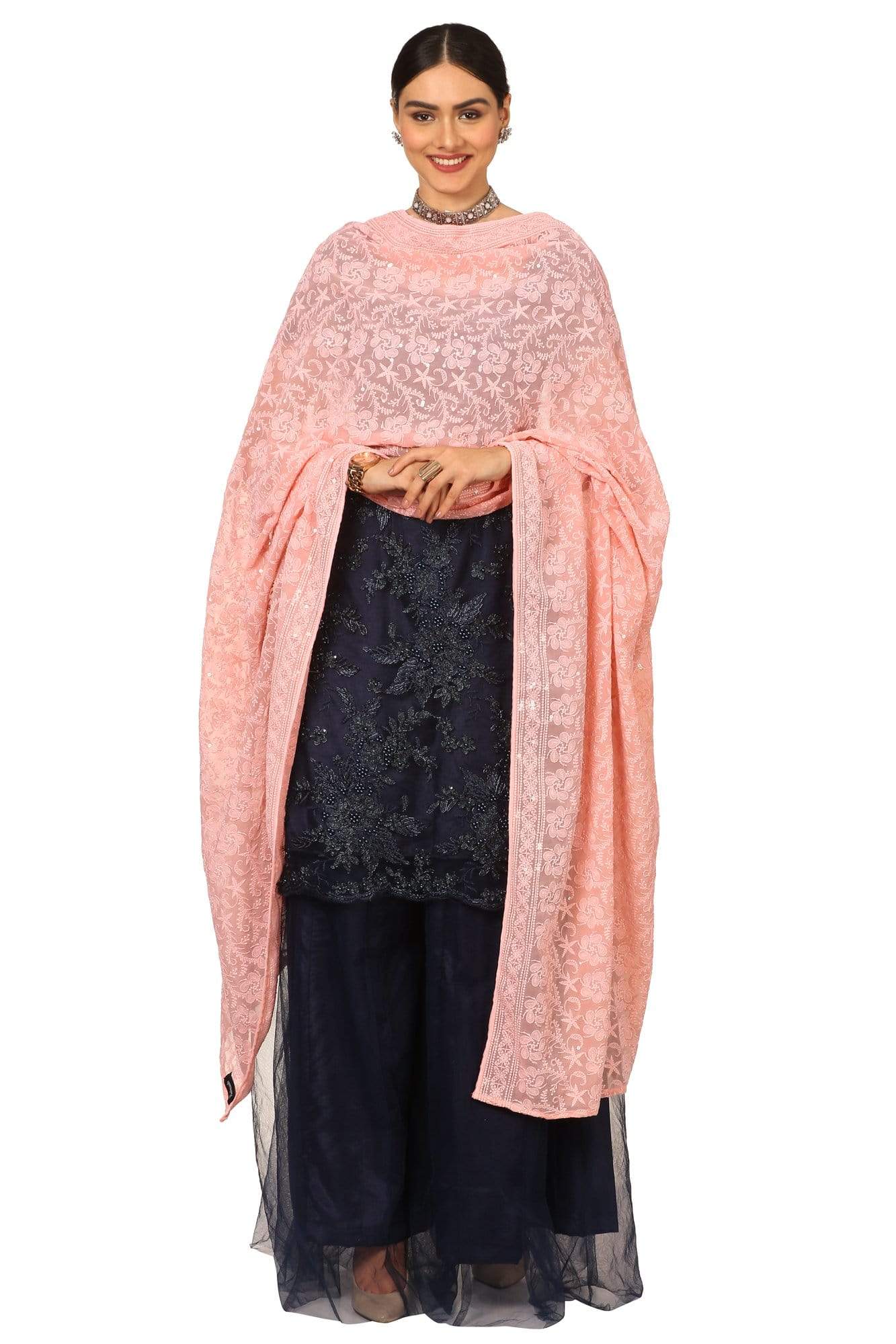 Pashtush Shawl Store Dupatta Pashtush Womens Chiffon Dupatta with Embrodiery, Nude Peach