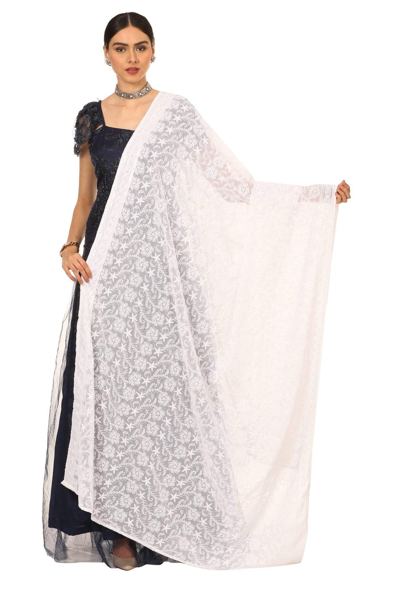Pashtush India Dupatta Pashtush Womens Chiffon Dupatta with Embrodiery - White