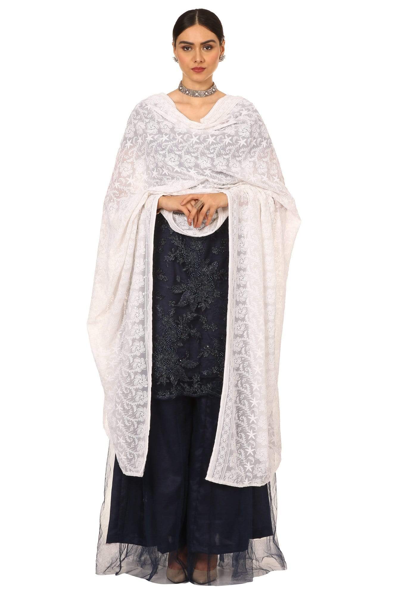 Pashtush India Dupatta Pashtush Womens Chiffon Dupatta with Embrodiery - White