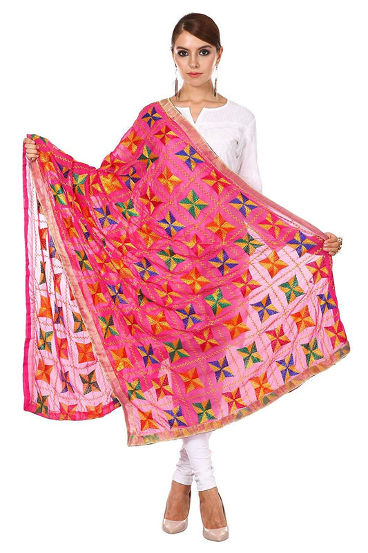 Pashtush Shawl Store Dupatta Pashtush Womens Chiffon Dupatta with Multicoloured Embroidery, Light Weight, Hot Pink