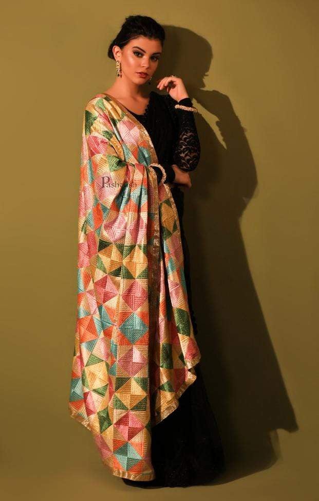 Pashtush India 114x228 Pashtush Womens Chiffon Dupatta with Multicoloured Embroidery, Phulkari