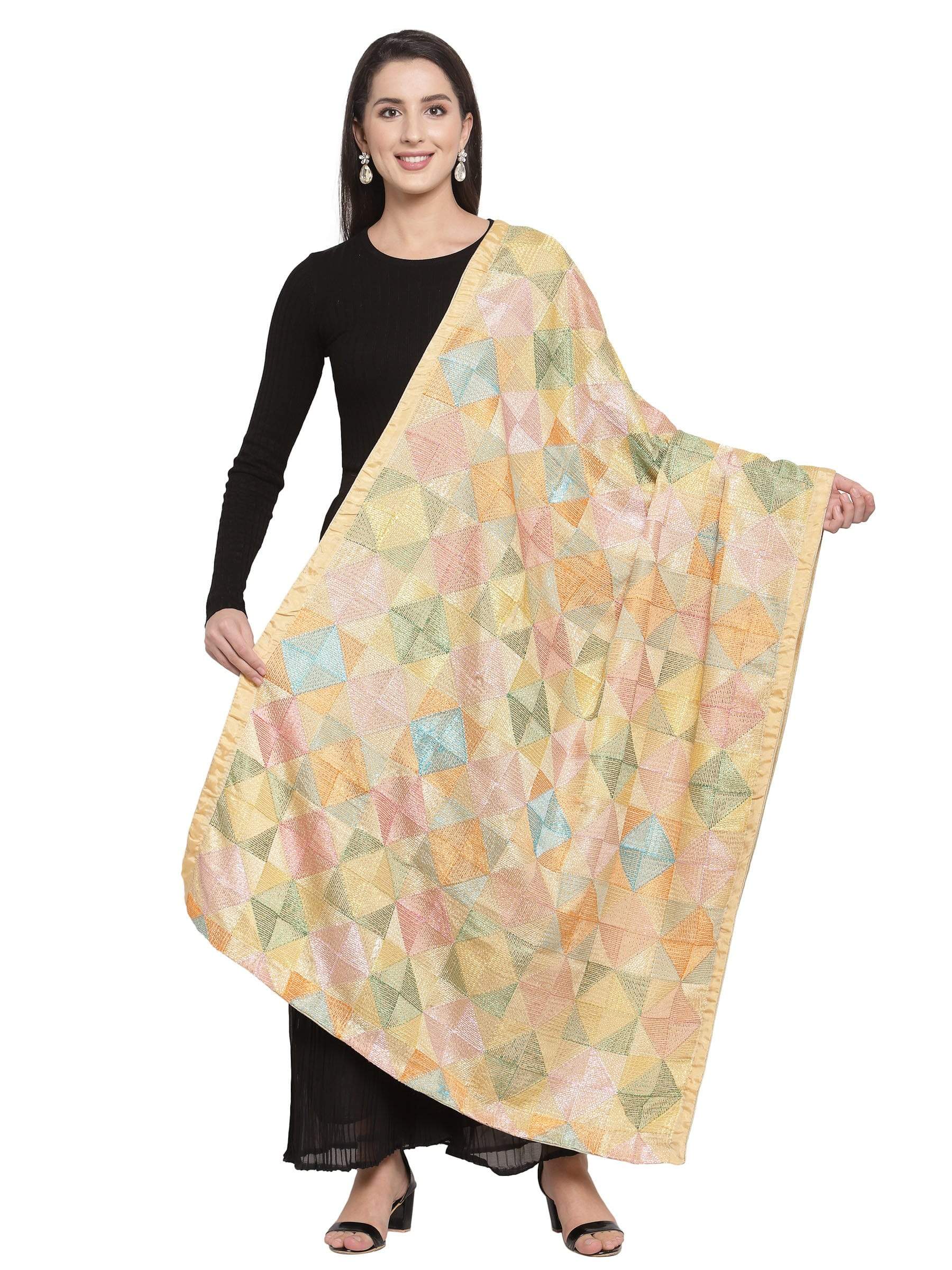 Pashtush India 114x228 Pashtush Womens Chiffon Dupatta with Multicoloured Embroidery, Phulkari