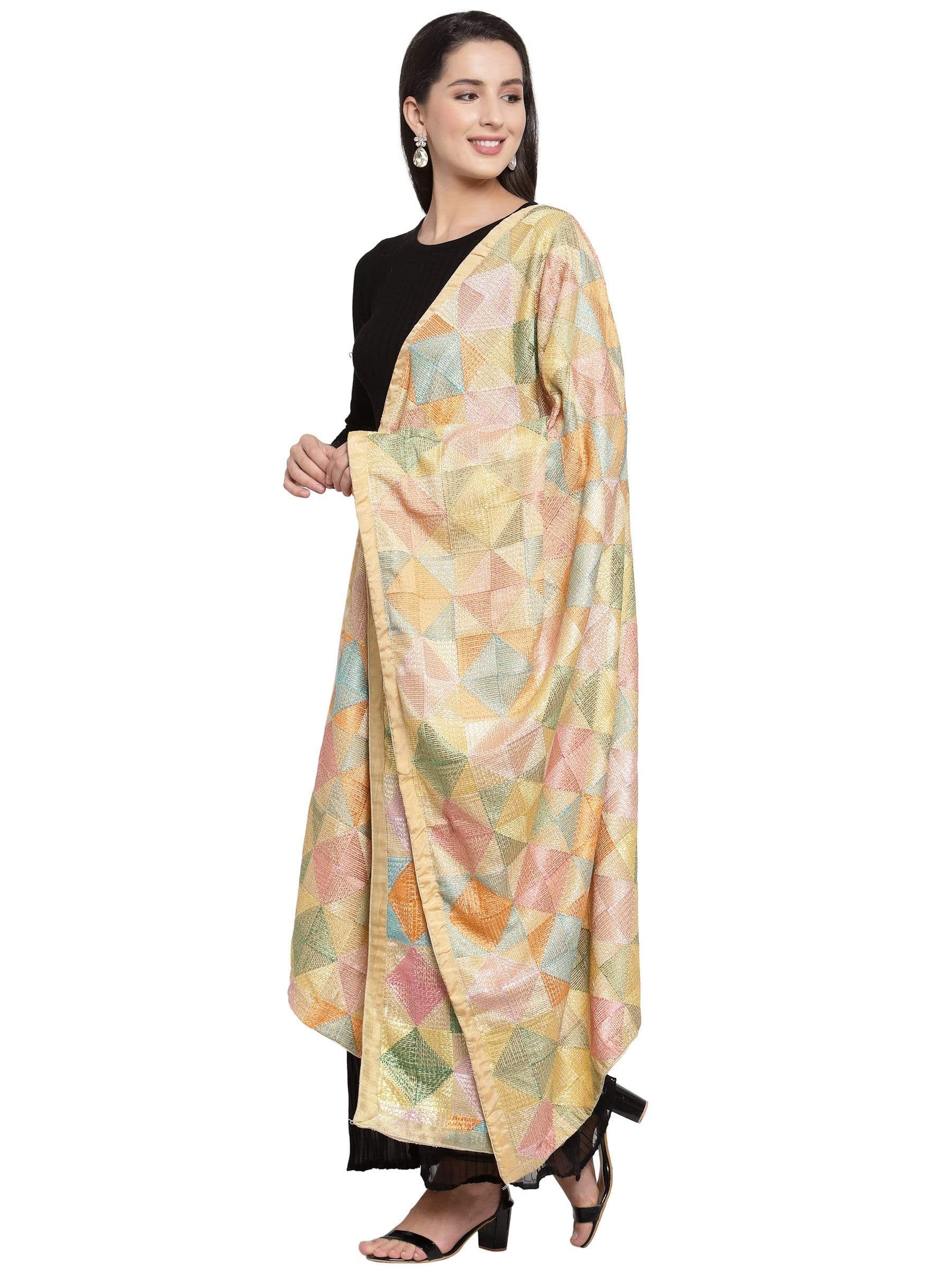 Pashtush India 114x228 Pashtush Womens Chiffon Dupatta with Multicoloured Embroidery, Phulkari