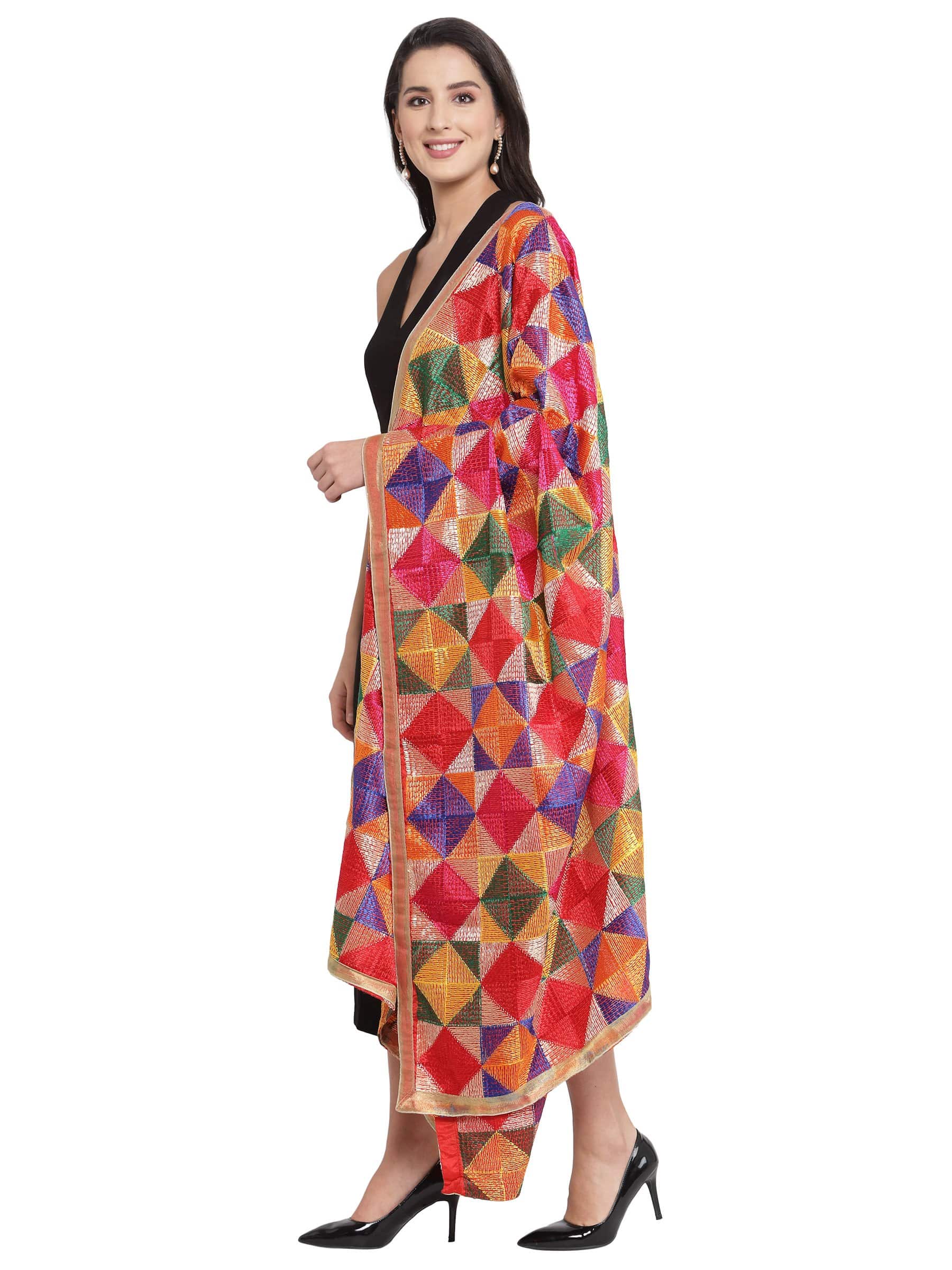 Pashtush India 114x228 Pashtush Womens Chiffon Dupatta with Multicoloured Embroidery, Phulkari
