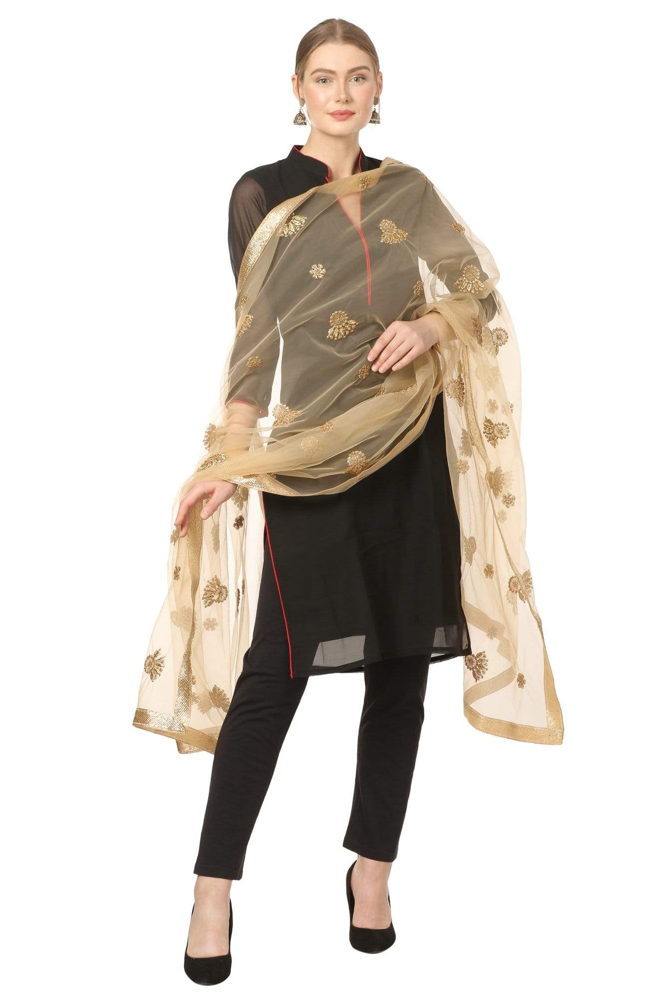 Pashtush Shawl Store Dupatta Pashtush Womens Chiffon net Dupatta with embellished flowers Embroidery, Light Weight Gold