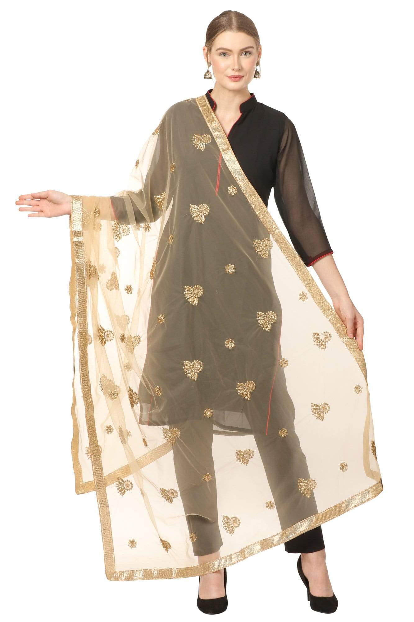 Pashtush Shawl Store Dupatta Pashtush Womens Chiffon net Dupatta with embellished flowers Embroidery, Light Weight Gold