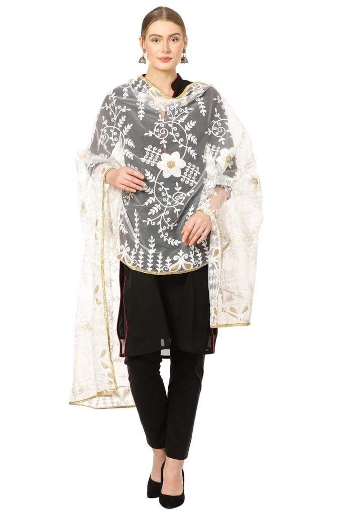 Pashtush Shawl Store Dupatta Pashtush Womens Chiffon net Dupatta with embellished flowers Embroidery, Light Weight Ivory white