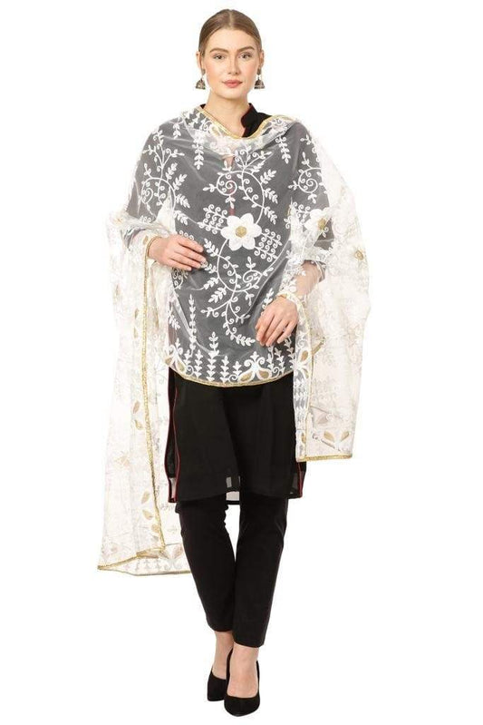 Pashtush Shawl Store Dupatta Pashtush Womens Chiffon net Dupatta with embellished flowers Embroidery, Light Weight Ivory white