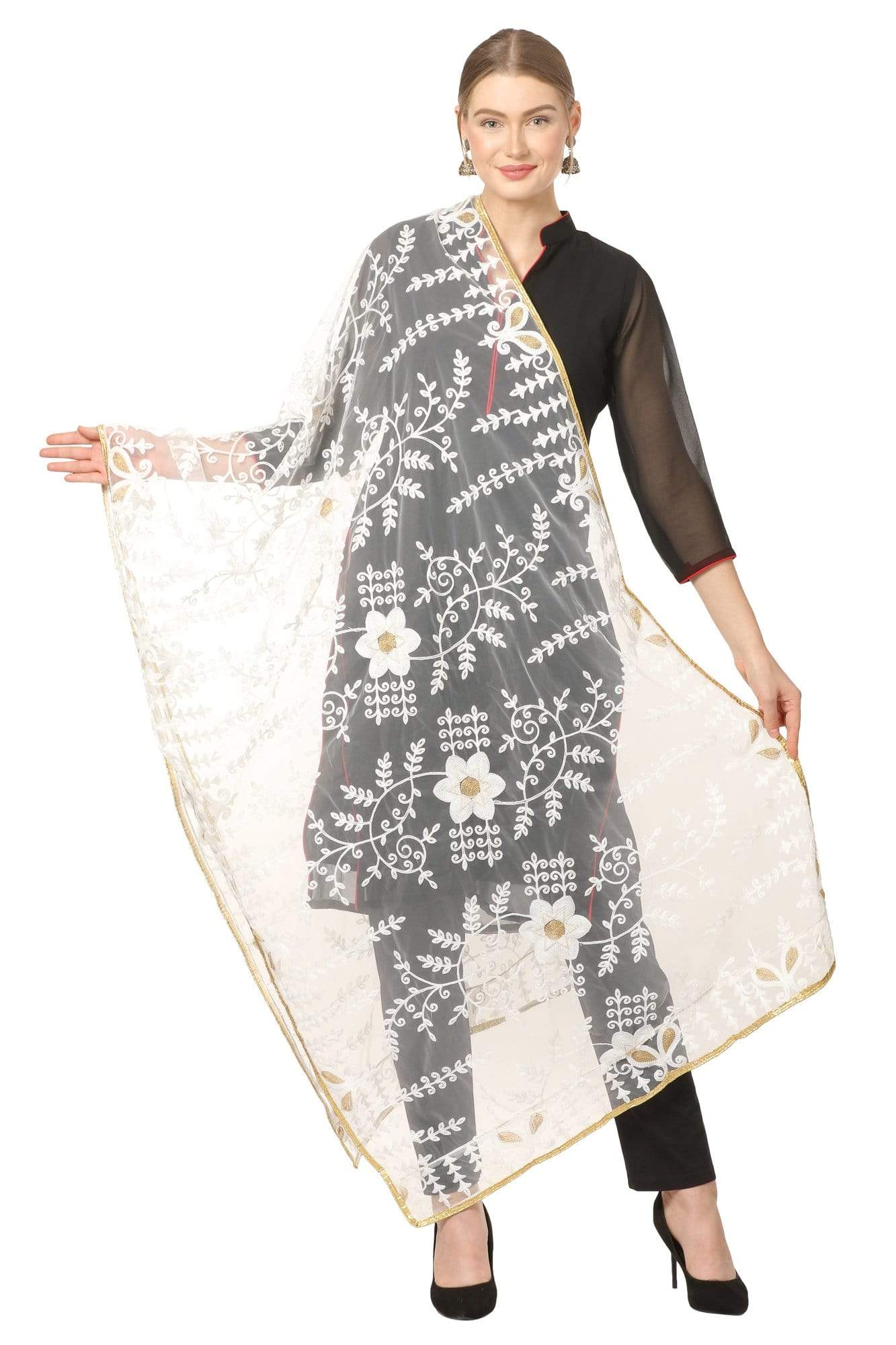 Pashtush Shawl Store Dupatta Pashtush Womens Chiffon net Dupatta with embellished flowers Embroidery, Light Weight Ivory white