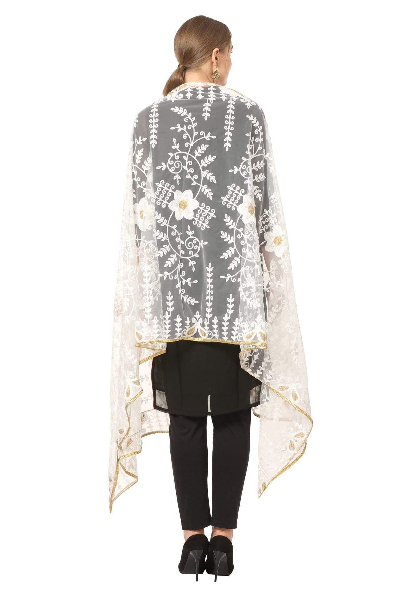 Pashtush Shawl Store Dupatta Pashtush Womens Chiffon net Dupatta with embellished flowers Embroidery, Light Weight Ivory white