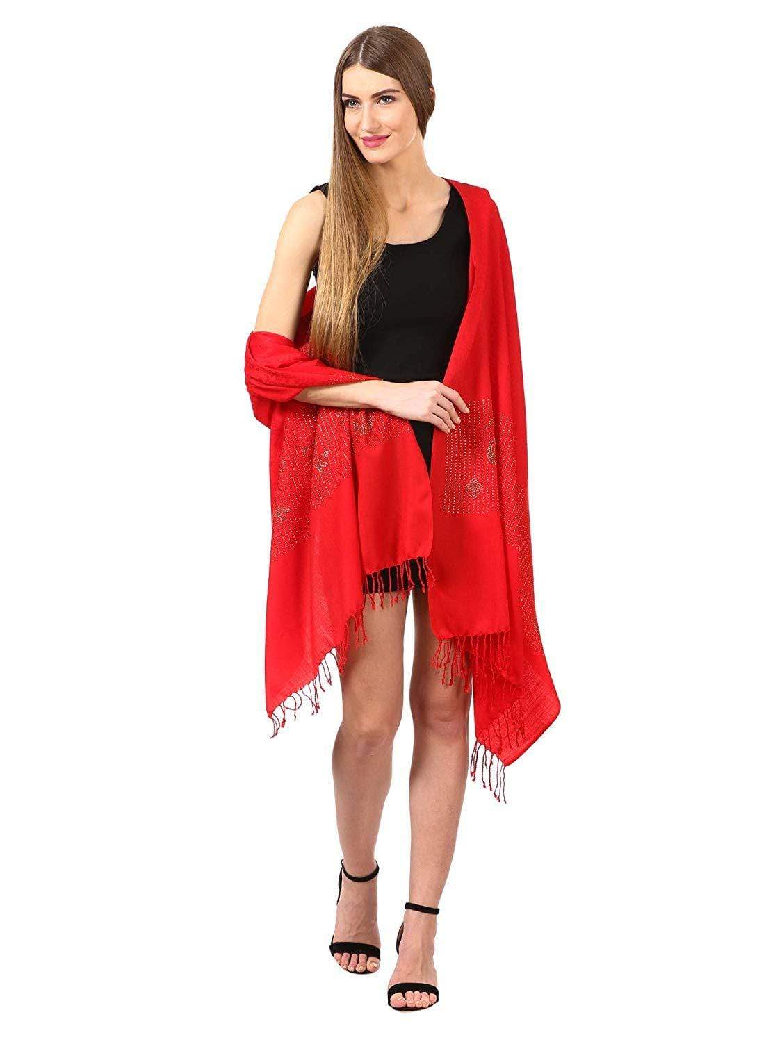 Pashtush India Stole Pashtush Womens Crystal Swaroskovi Embellished Scarf, Stole, (Red)