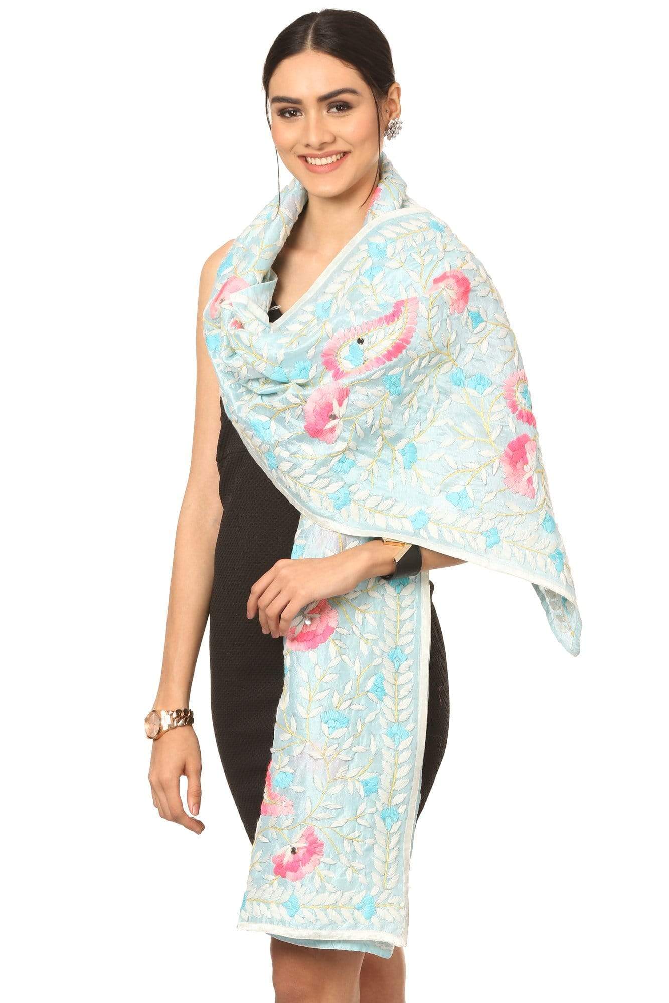Pashtush India Dupatta Pashtush Womens Dupatta, 100% Hand Embroidered Kantha Needlework Work, Free Size, Blue