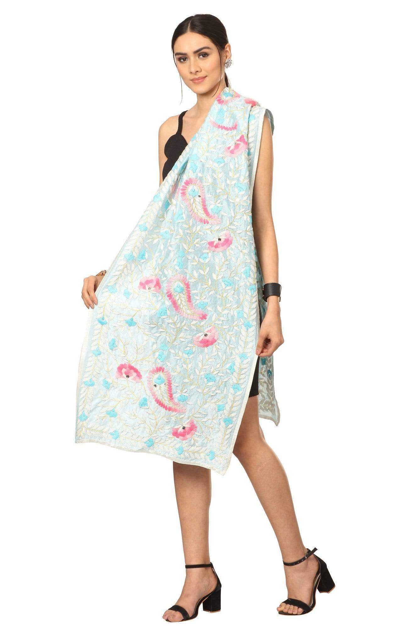 Pashtush India Dupatta Pashtush Womens Dupatta, 100% Hand Embroidered Kantha Needlework Work, Free Size, Blue