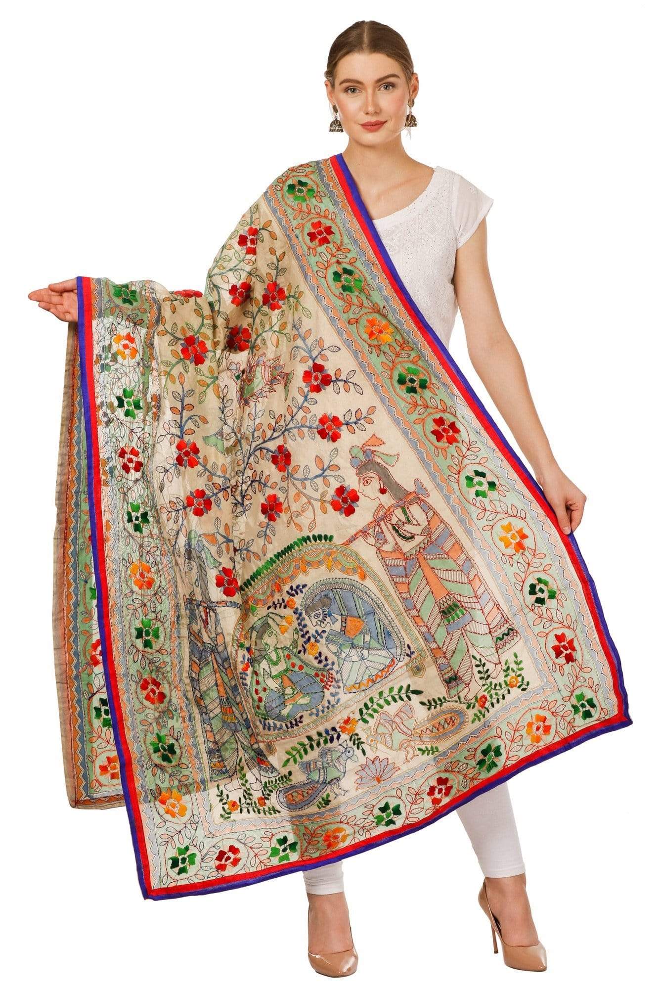 Pashtush Shawl Store Dupatta Pashtush Womens Dupatta, 100% Hand Embroidered Kantha Needlework Work, Free Size, Multi-coloured