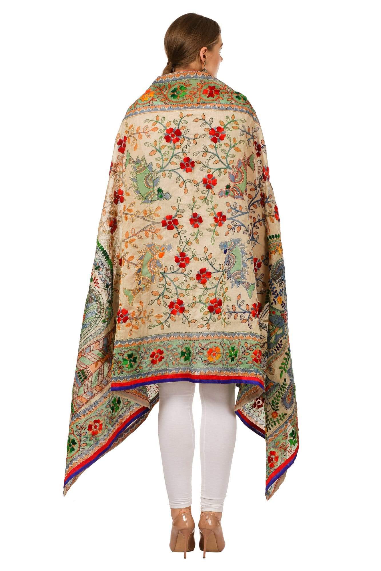 Pashtush Shawl Store Dupatta Pashtush Womens Dupatta, 100% Hand Embroidered Kantha Needlework Work, Free Size, Multi-coloured