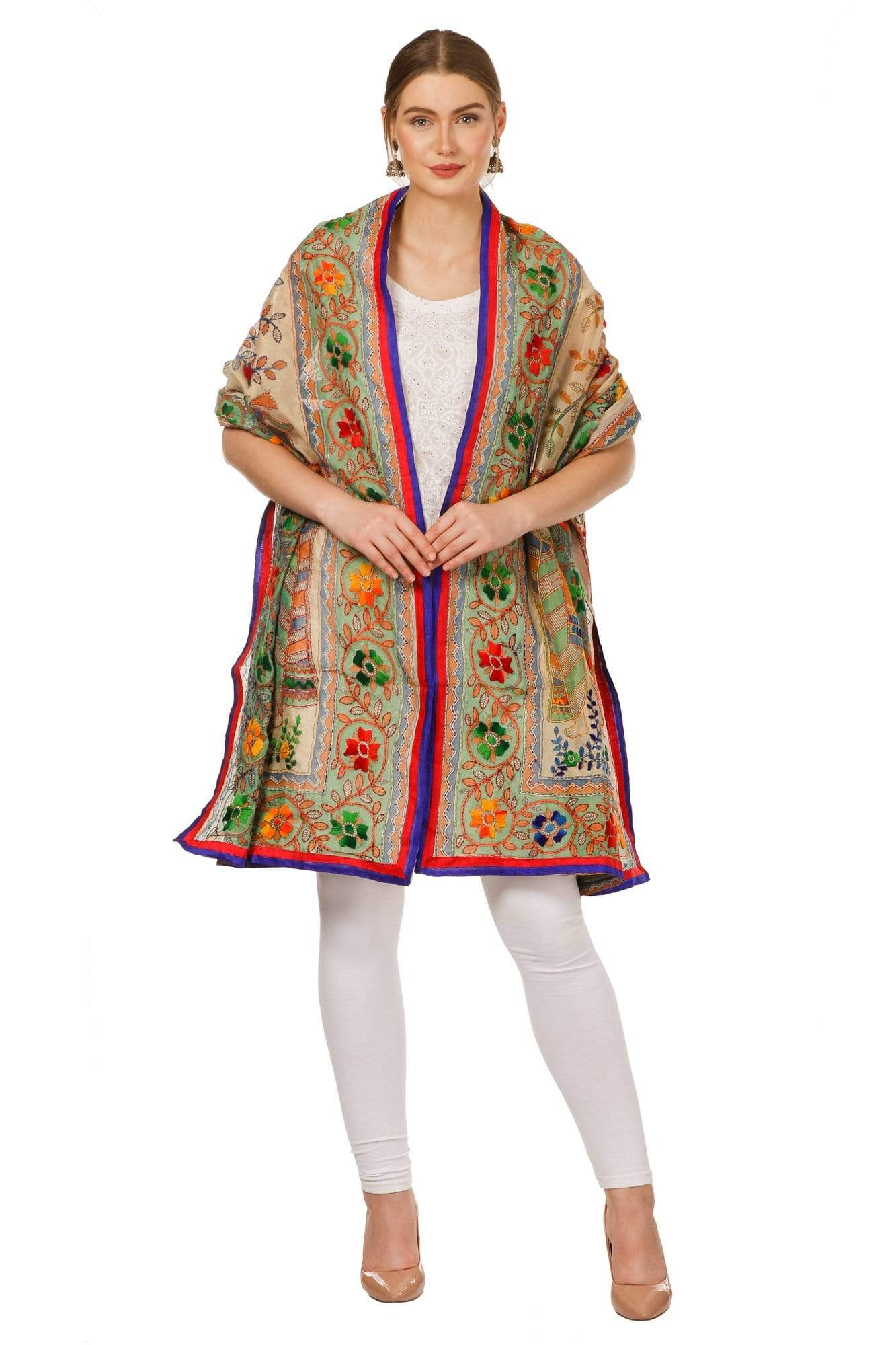 Pashtush Shawl Store Dupatta Pashtush Womens Dupatta, 100% Hand Embroidered Kantha Needlework Work, Free Size, Multi-coloured