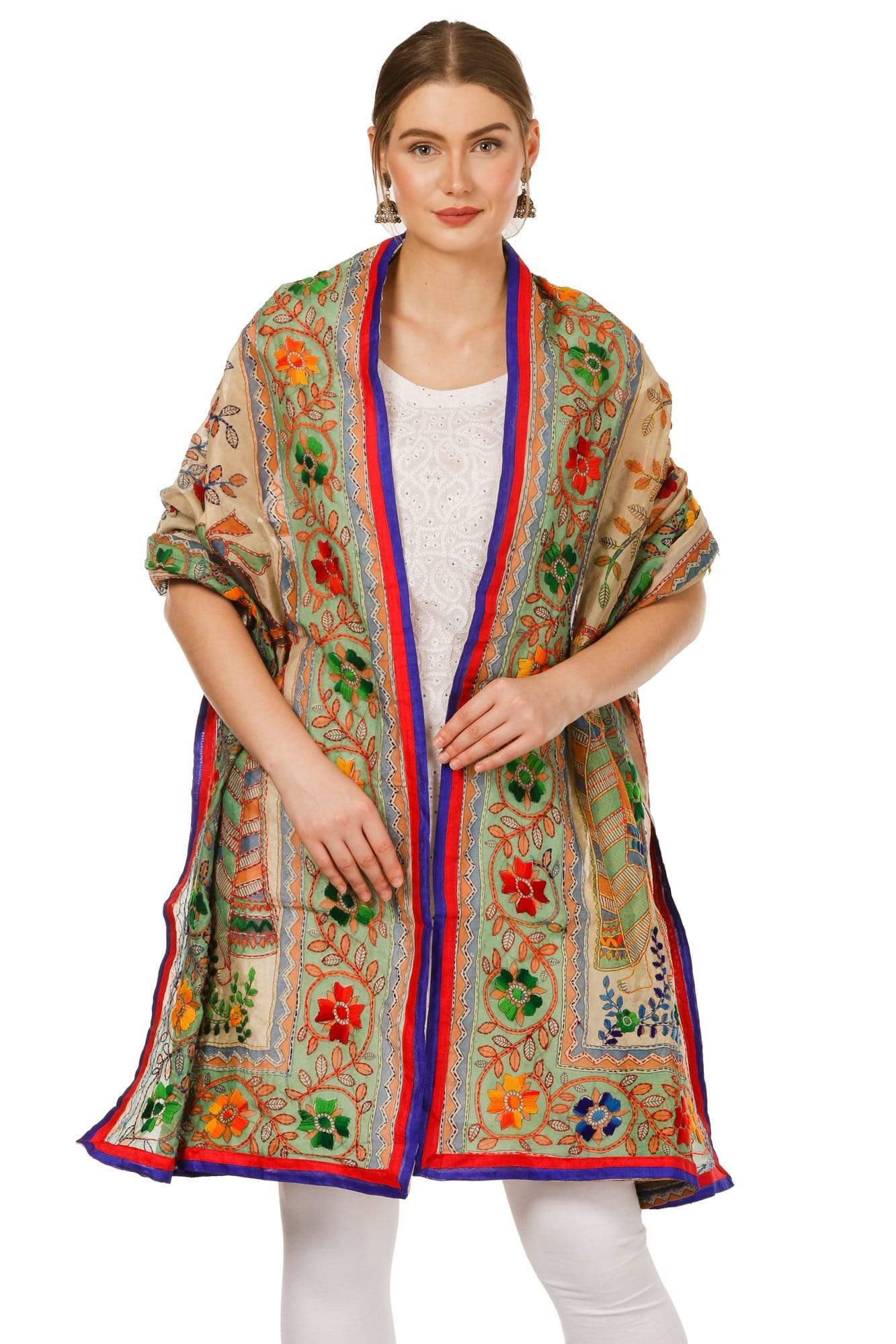 Pashtush Shawl Store Dupatta Pashtush Womens Dupatta, 100% Hand Embroidered Kantha Needlework Work, Free Size, Multi-coloured