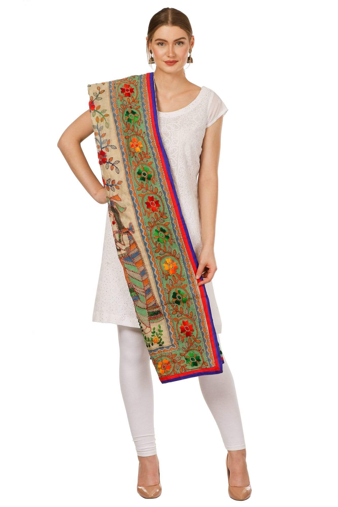 Pashtush Shawl Store Dupatta Pashtush Womens Dupatta, 100% Hand Embroidered Kantha Needlework Work, Free Size, Multi-coloured