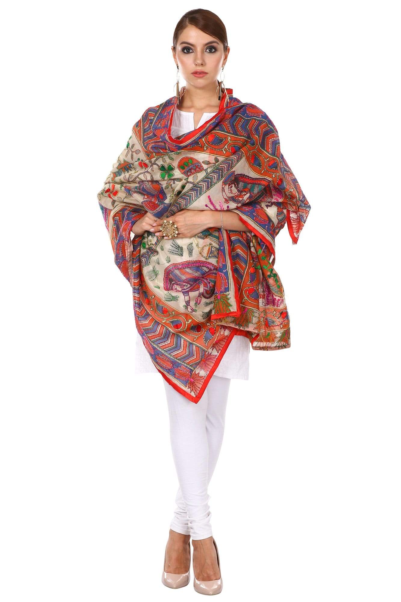 Pashtush Shawl Store Dupatta Pashtush Womens Dupatta, 100% Hand Embroidered Kantha Needlework Work, Free Size, Multi-coloured