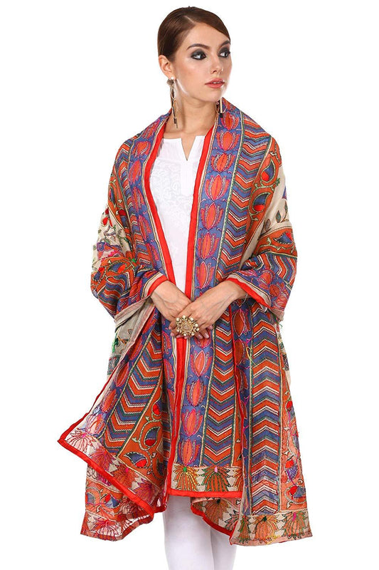 Pashtush Shawl Store Dupatta Pashtush Womens Dupatta, 100% Hand Embroidered Kantha Needlework Work, Free Size, Multi-coloured