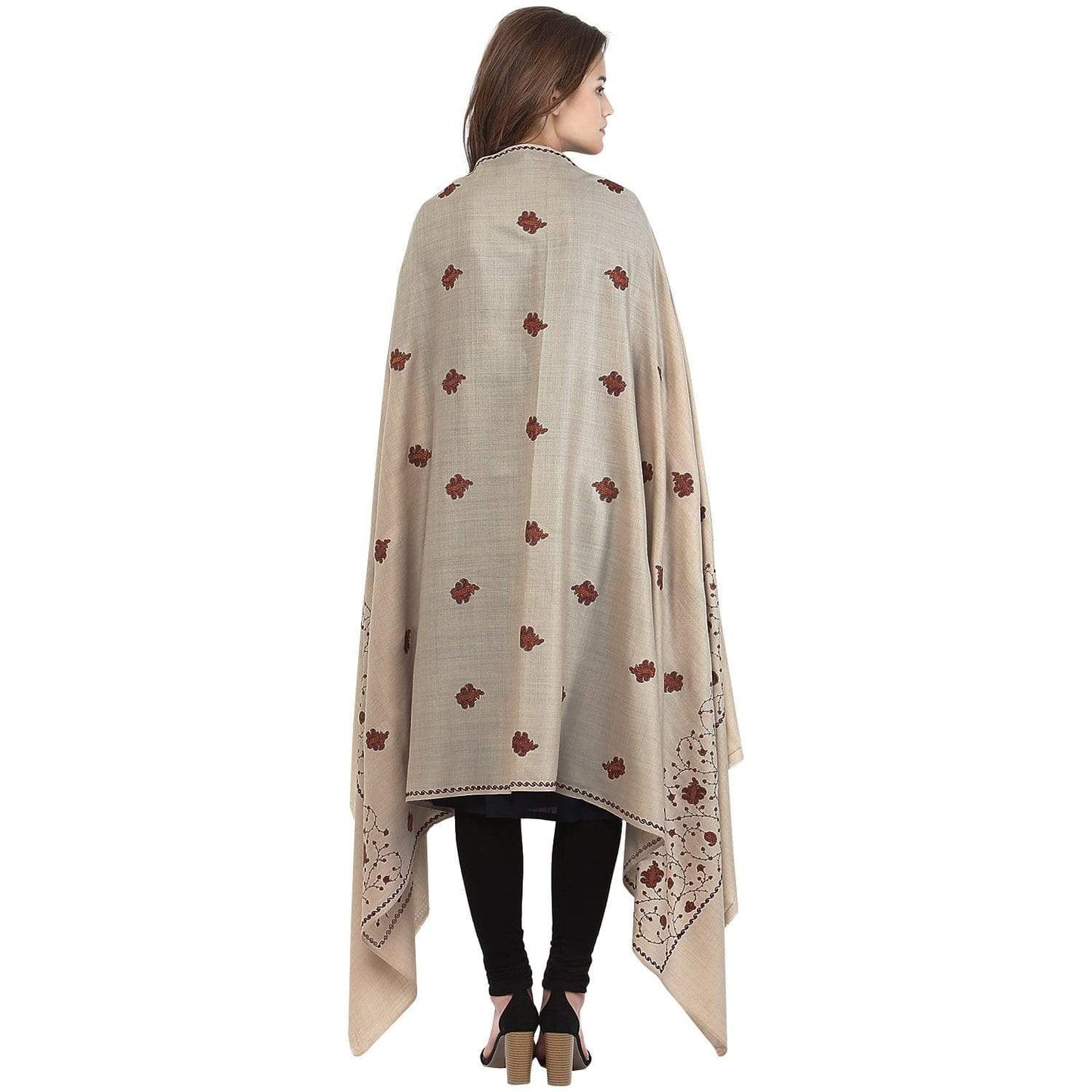Pashtush India Shawl Pashtush Womens Embroidered Wool Shawl, Light Beige Colour, With Booti Motif and Jaal Palla