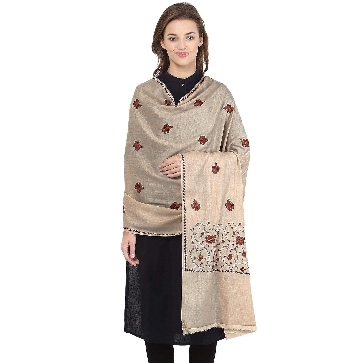 Pashtush India Shawl Pashtush Womens Embroidered Wool Shawl, Light Beige Colour, With Booti Motif and Jaal Palla
