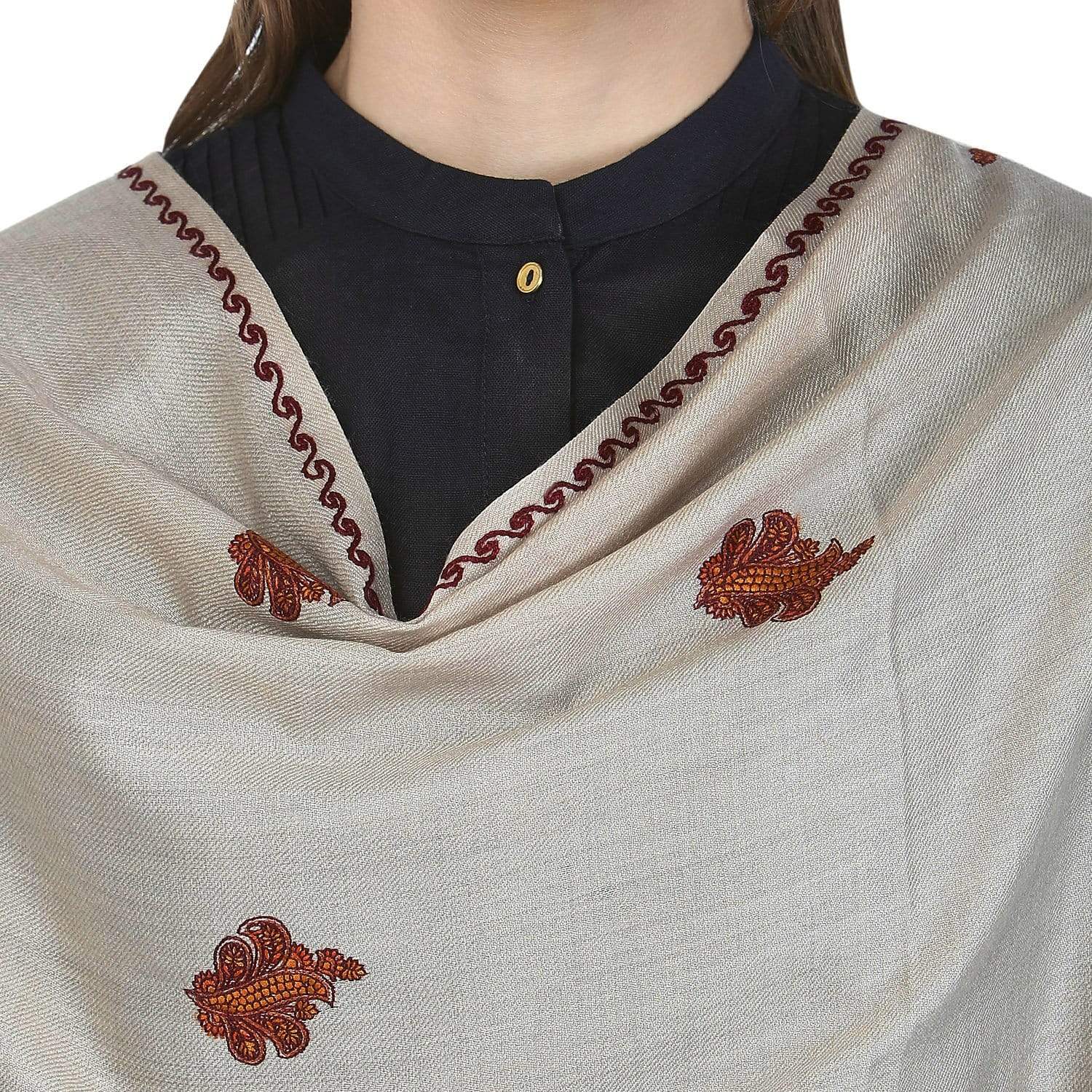 Pashtush India Shawl Pashtush Womens Embroidered Wool Shawl, Light Beige Colour, With Booti Motif and Jaal Palla