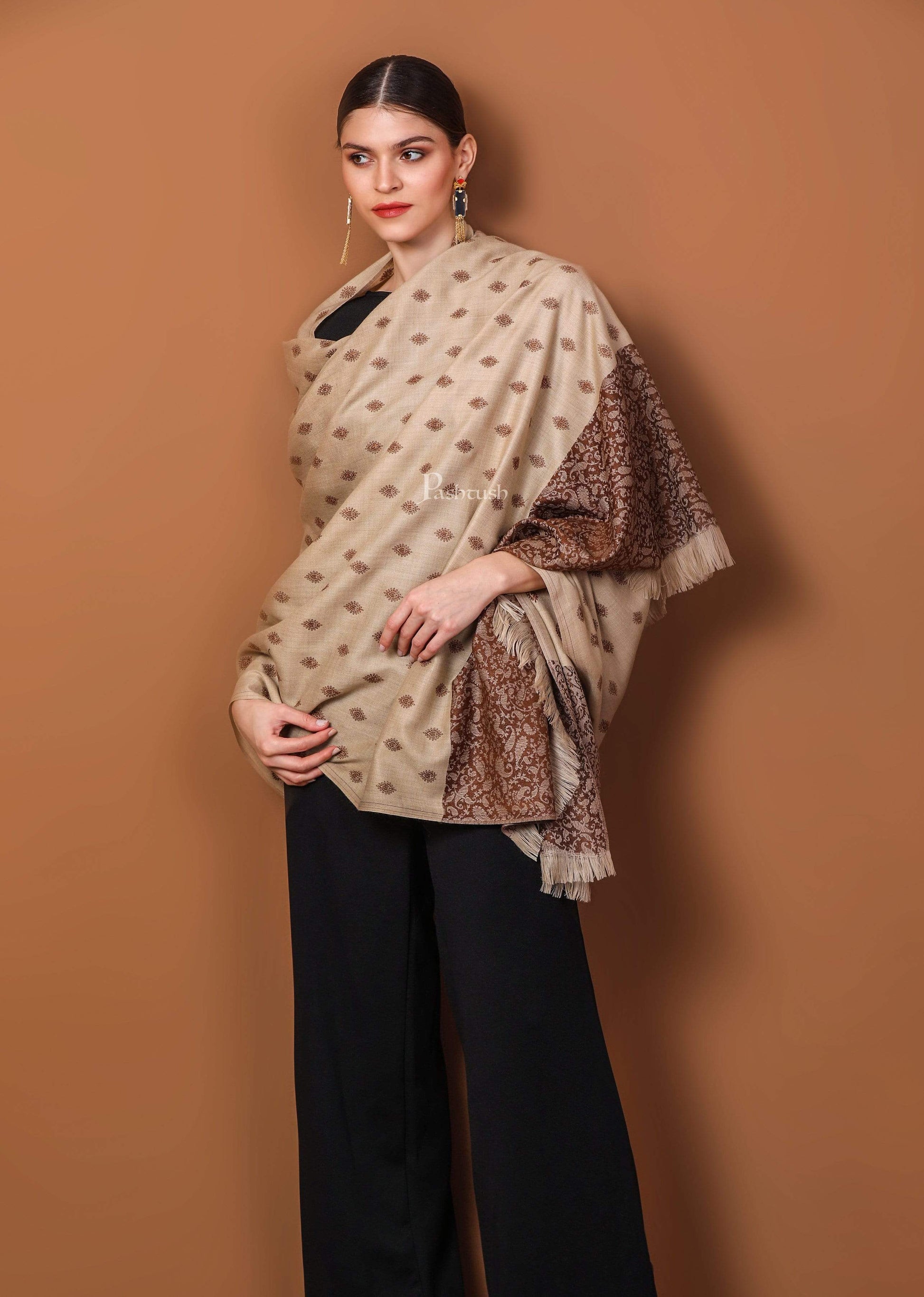 Pashtush India 100x200 Pashtush Womens Embroidery Shawl, Light Weight and Warm, Espresso and Beige