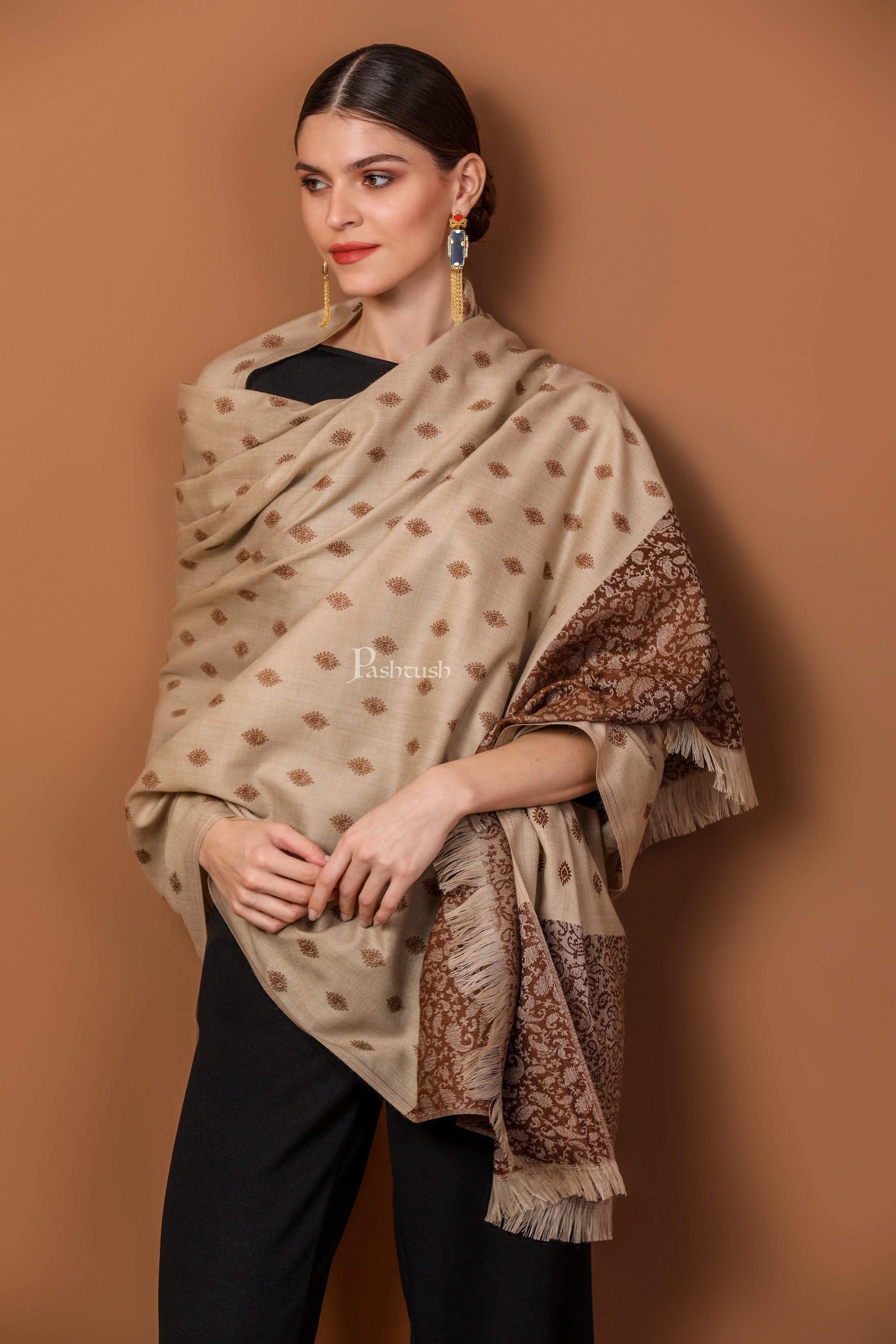 Pashtush India 100x200 Pashtush Womens Embroidery Shawl, Light Weight and Warm, Espresso and Beige