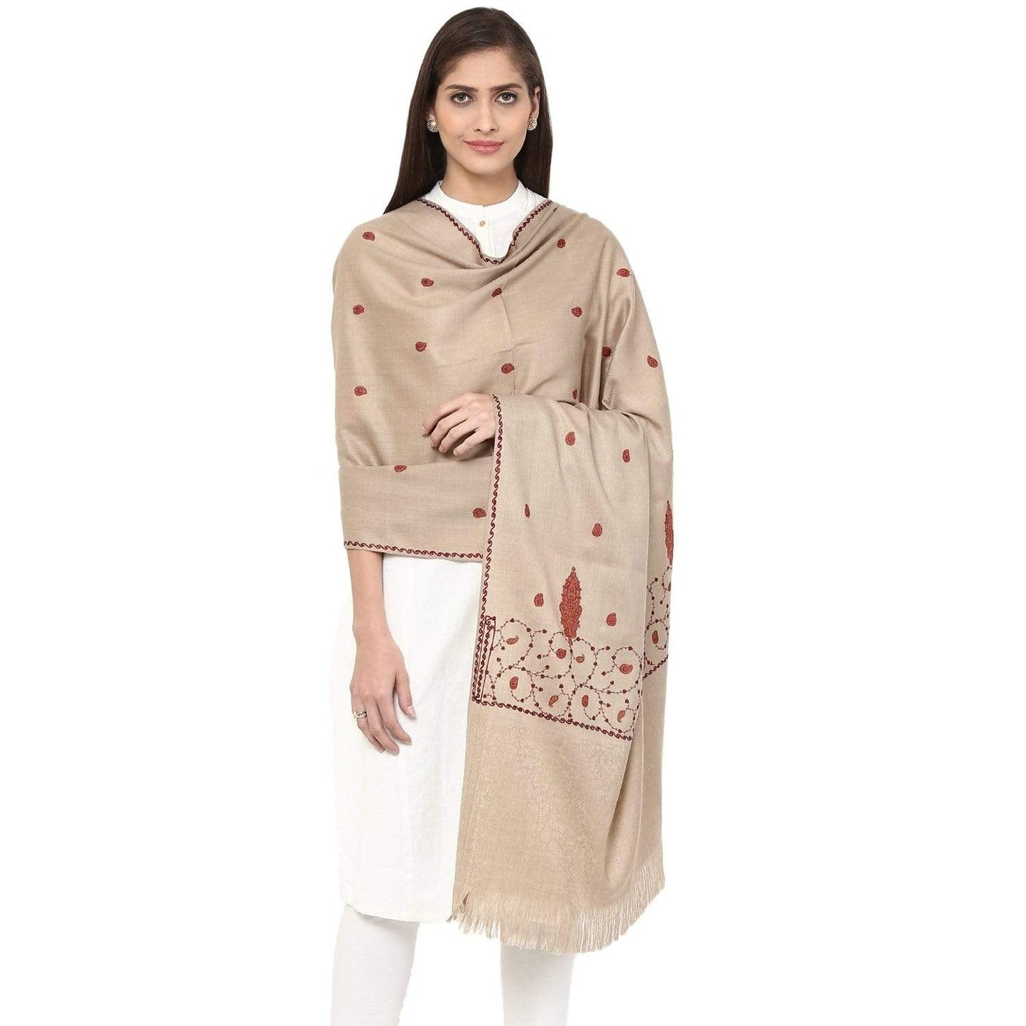 Pashtush Store Shawl Pashtush Womens Embroidery Wool Shawl beige, Kashmiri Design Beige
