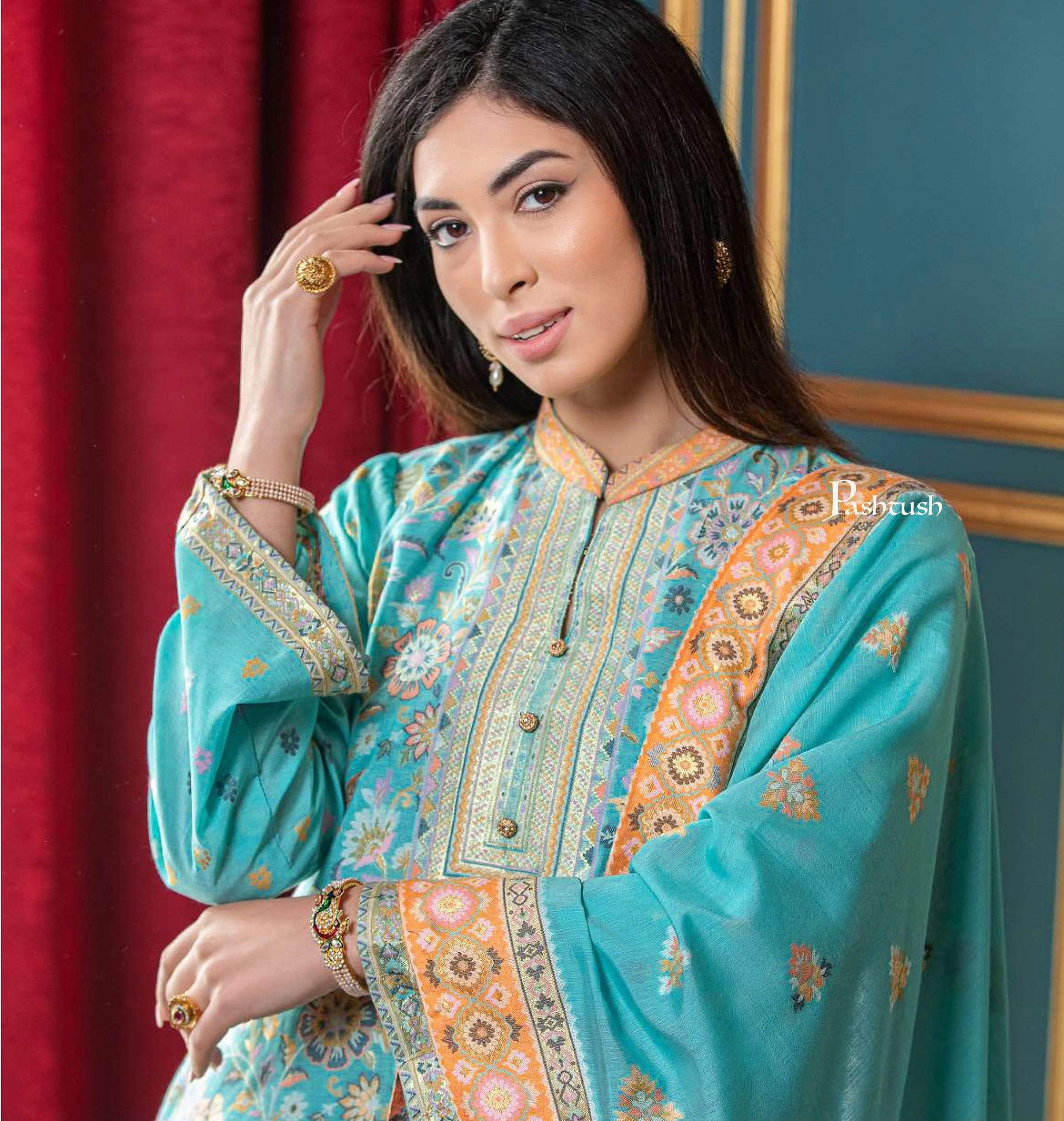 Pashtush India suit Pashtush Womens Ethnic Weave Cotton-Silk Unstitched Suit, Aqua Blue
