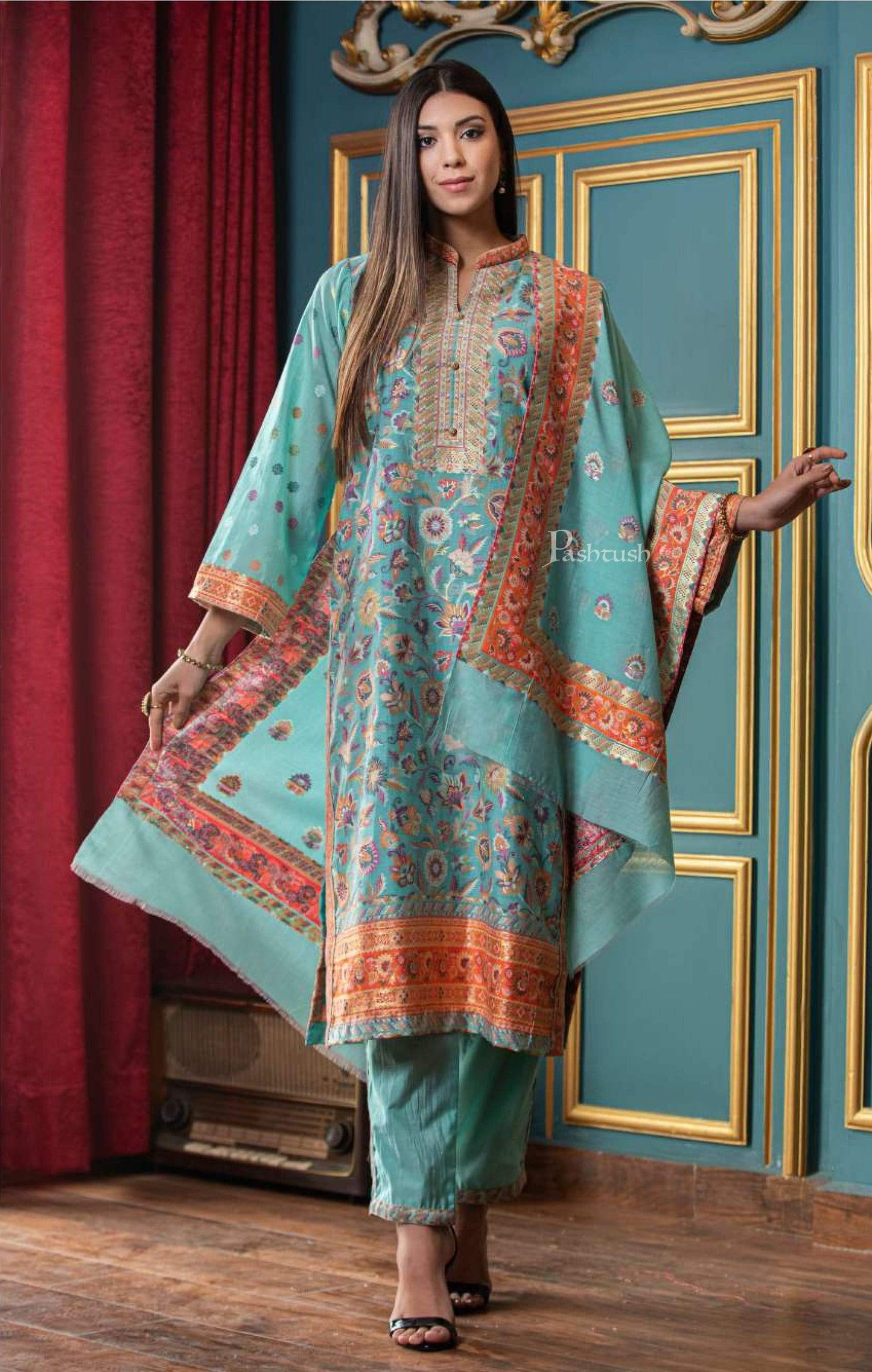 Pashtush India suit Pashtush Womens Ethnic Weave Cotton-Silk Unstitched Suit, Floral Blue