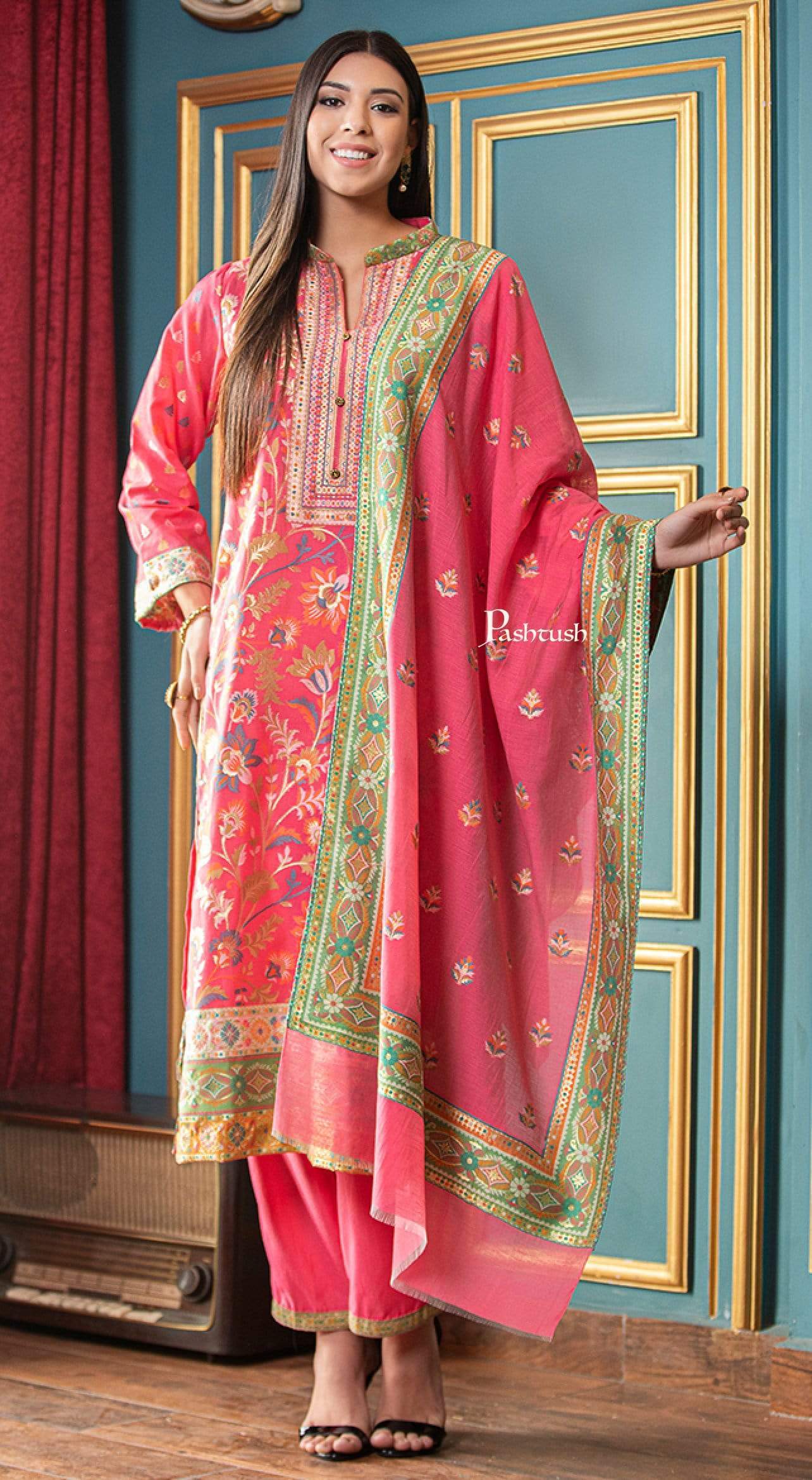 Pashtush India suit Pashtush Womens Ethnic Weave Cotton-Silk Unstitched Suit, Fuchsia