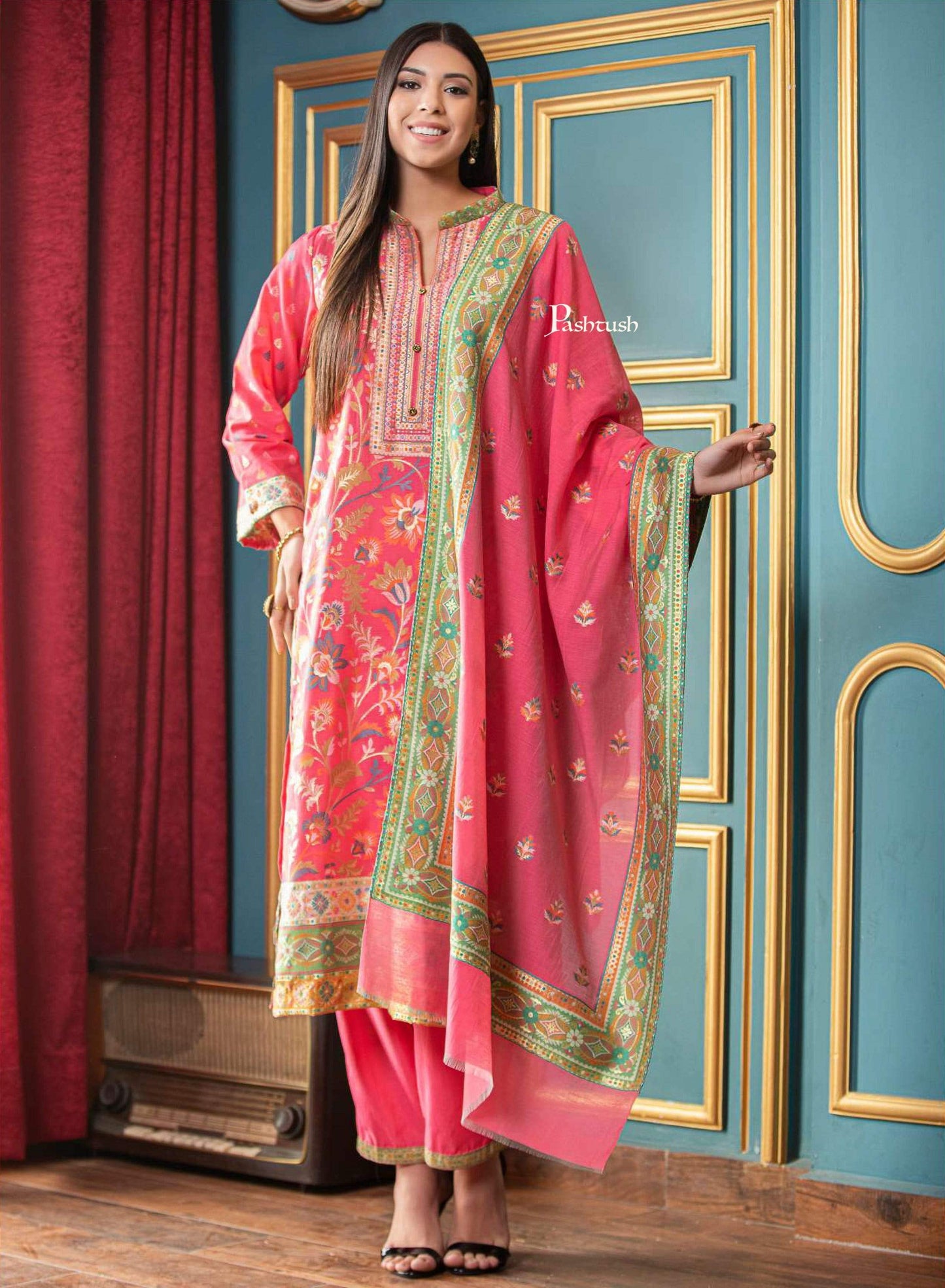 Pashtush India suit Pashtush Womens Ethnic Weave Cotton-Silk Unstitched Suit, Fuchsia