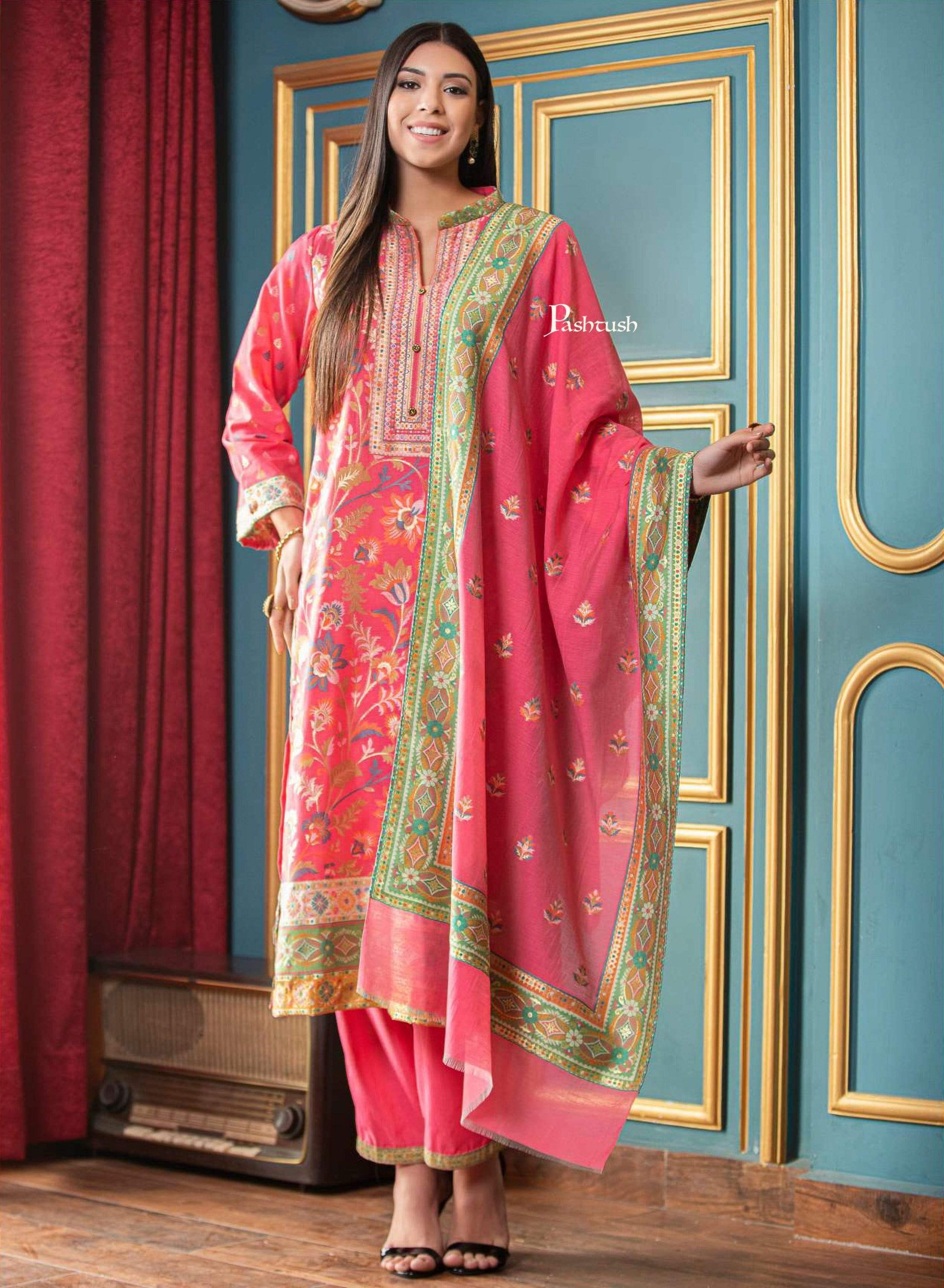 Pashtush India suit Pashtush Womens Ethnic Weave Cotton-Silk Unstitched Suit, Fuchsia