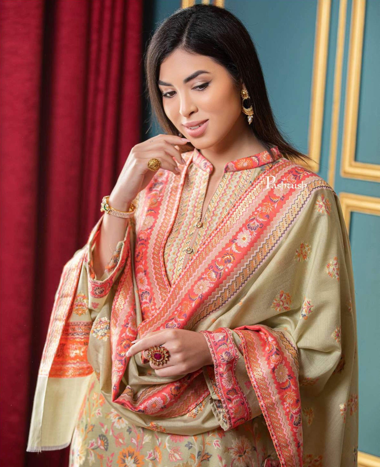 Pashtush India suit Pashtush Womens Ethnic Weave Cotton-Silk Unstitched Suit, Sombre Florals