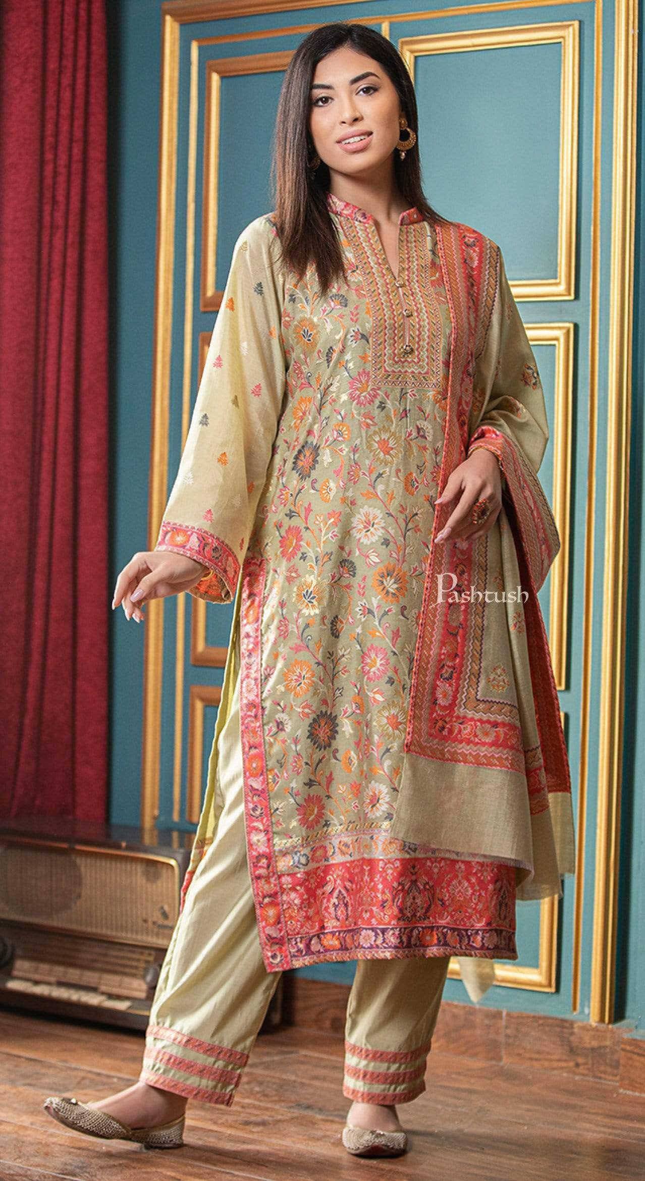 Pashtush India suit Pashtush Womens Ethnic Weave Cotton-Silk Unstitched Suit, Sombre Florals