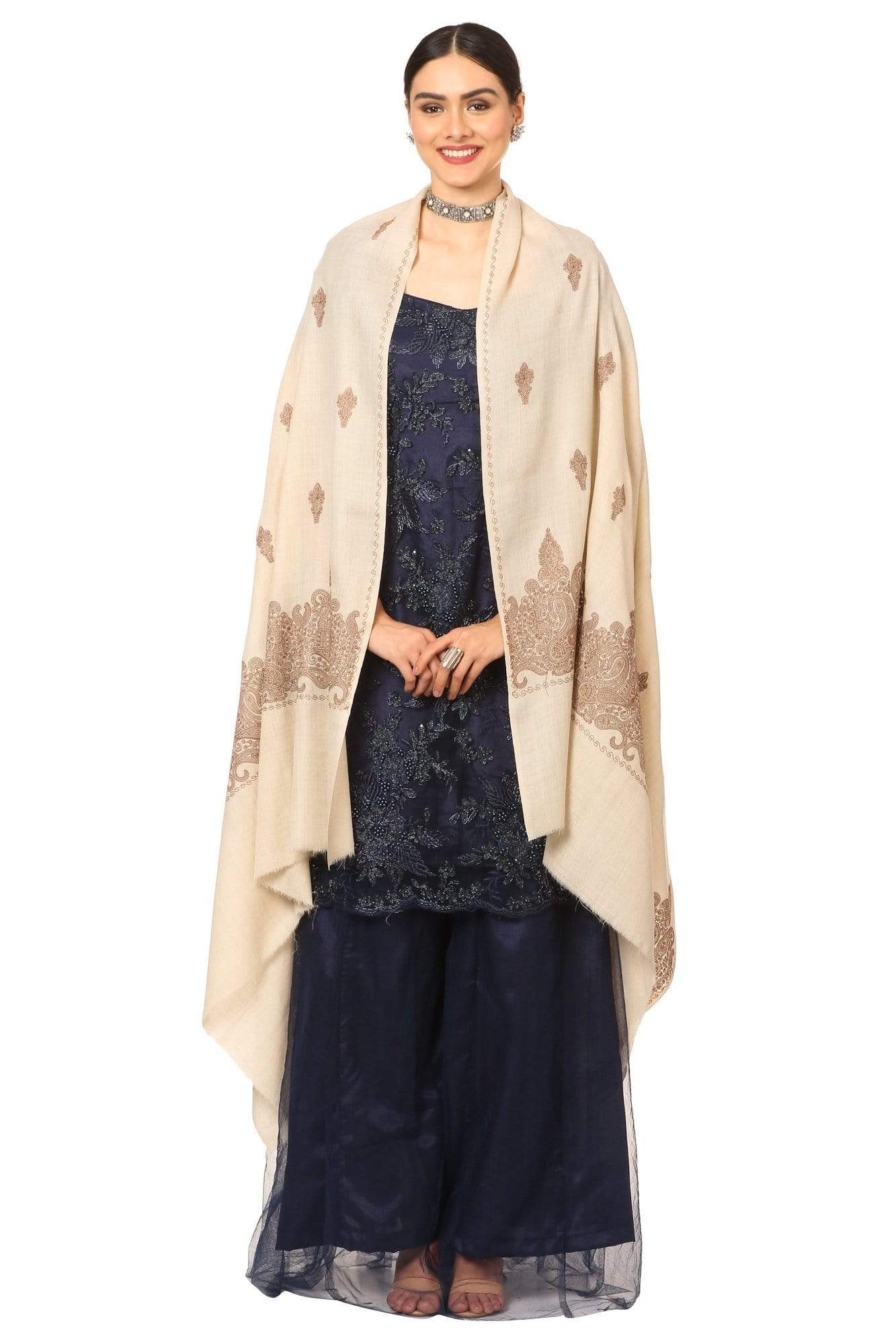 Pashtush India Shawl Pashtush Womens, Extra fine Palla Embroidery Shawl, with Tone on Tone Needlework, Kashmiri Wool Design, Soft and Extra fine