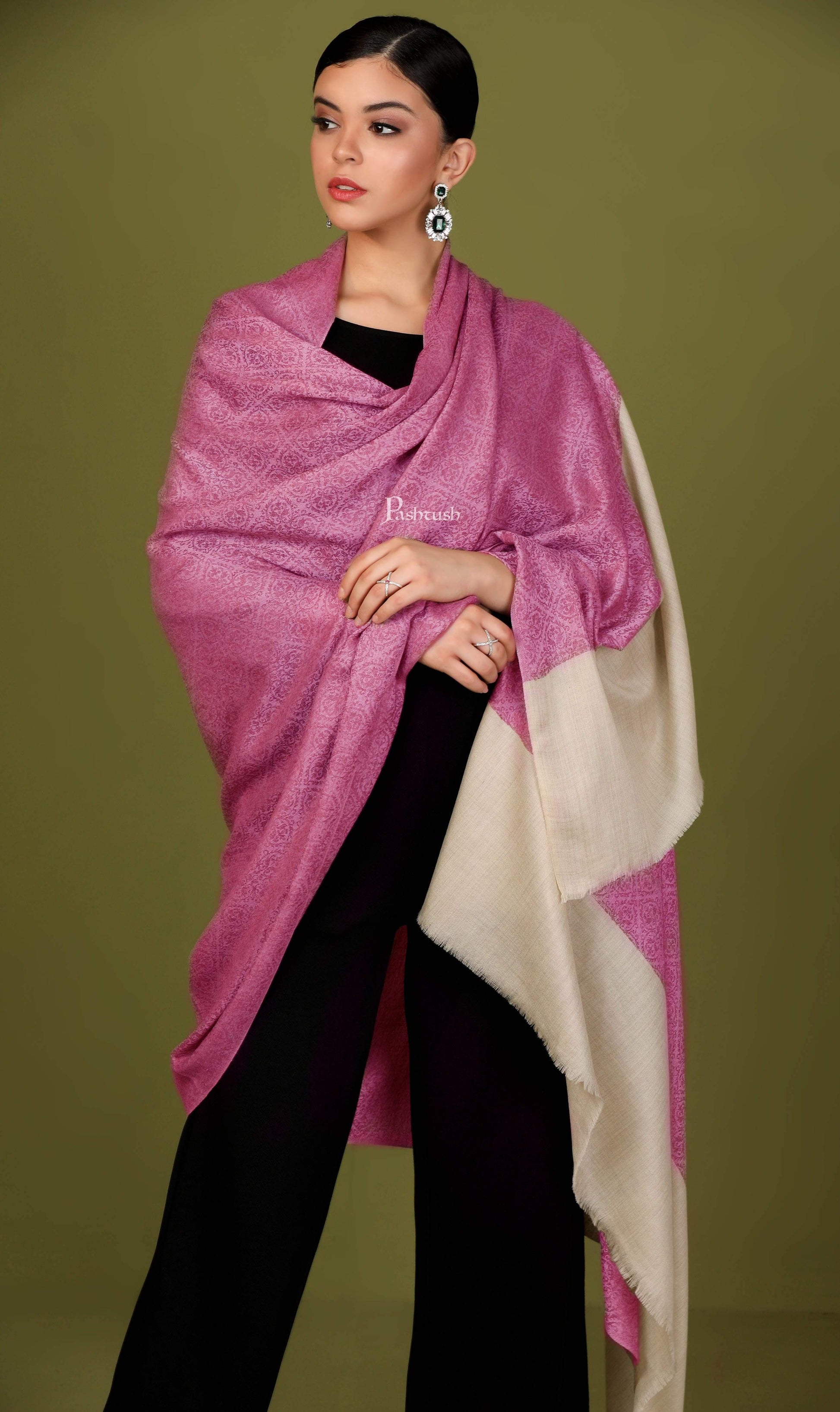 Pashtush India 114x228 Pashtush Womens Extra Fine Wool Shawl, Jacquard, Soft, Warm and Ultra Light Weight