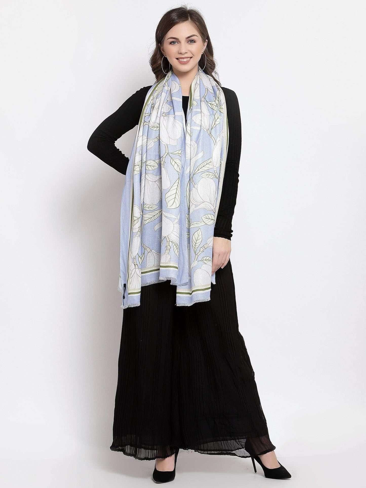Pashtush India 70x200 Pashtush Womens Extra Soft Bamboo Scarf, Printed Delicate Florals, Alice Blue
