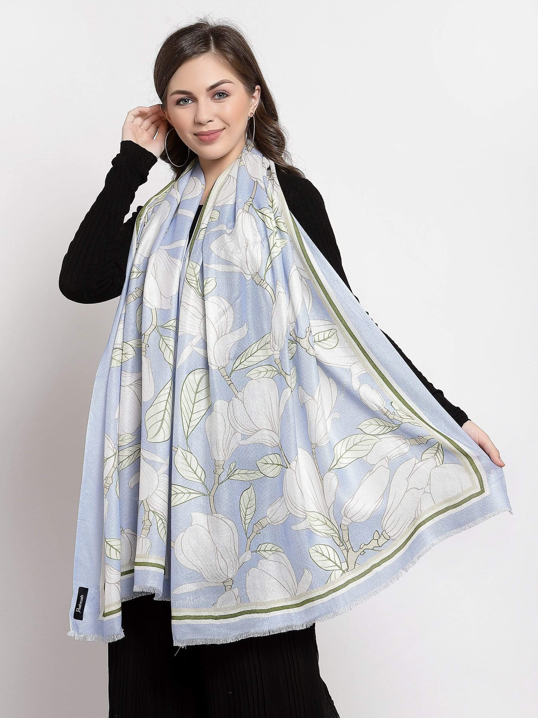 Pashtush India 70x200 Pashtush Womens Extra Soft Bamboo Scarf, Printed Delicate Florals, Alice Blue