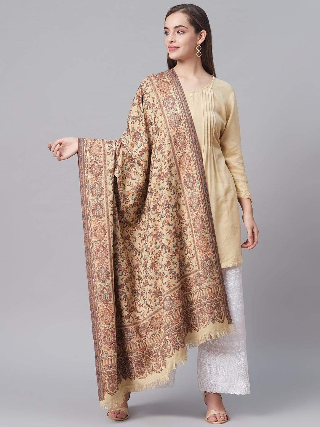 Pashtush India 100x200 Pashtush Womens Faux Pashmina, Kaani Weave Shawl, Beige
