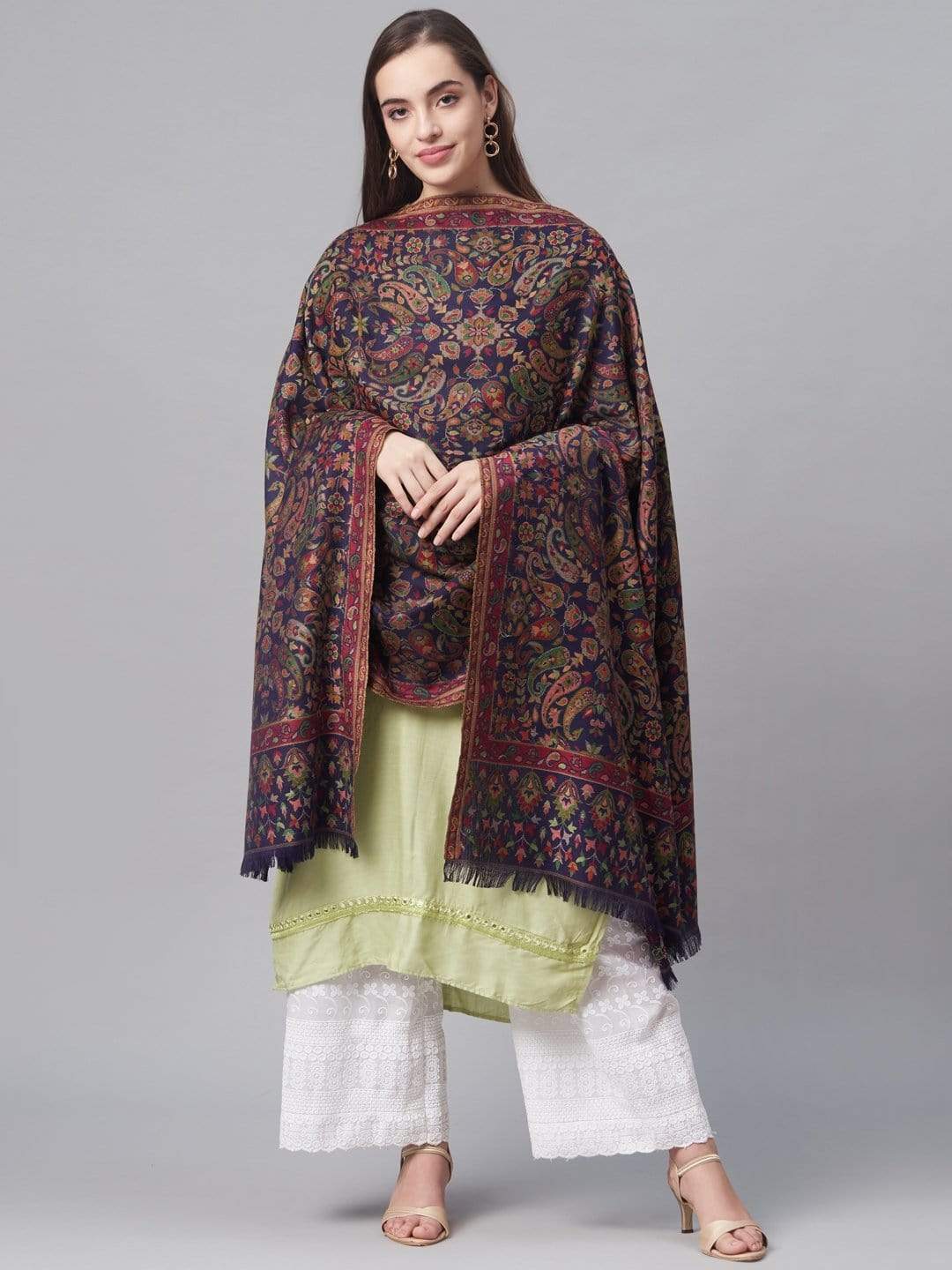 Pashtush India 100x200 Pashtush Womens Faux Pashmina, Kaani Weave Shawl, Navy Blue