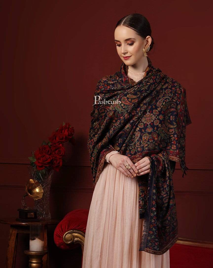 Pashtush India 100x200 Pashtush Womens Faux Pashmina, Kaani Weave Shawl, Navy Blue