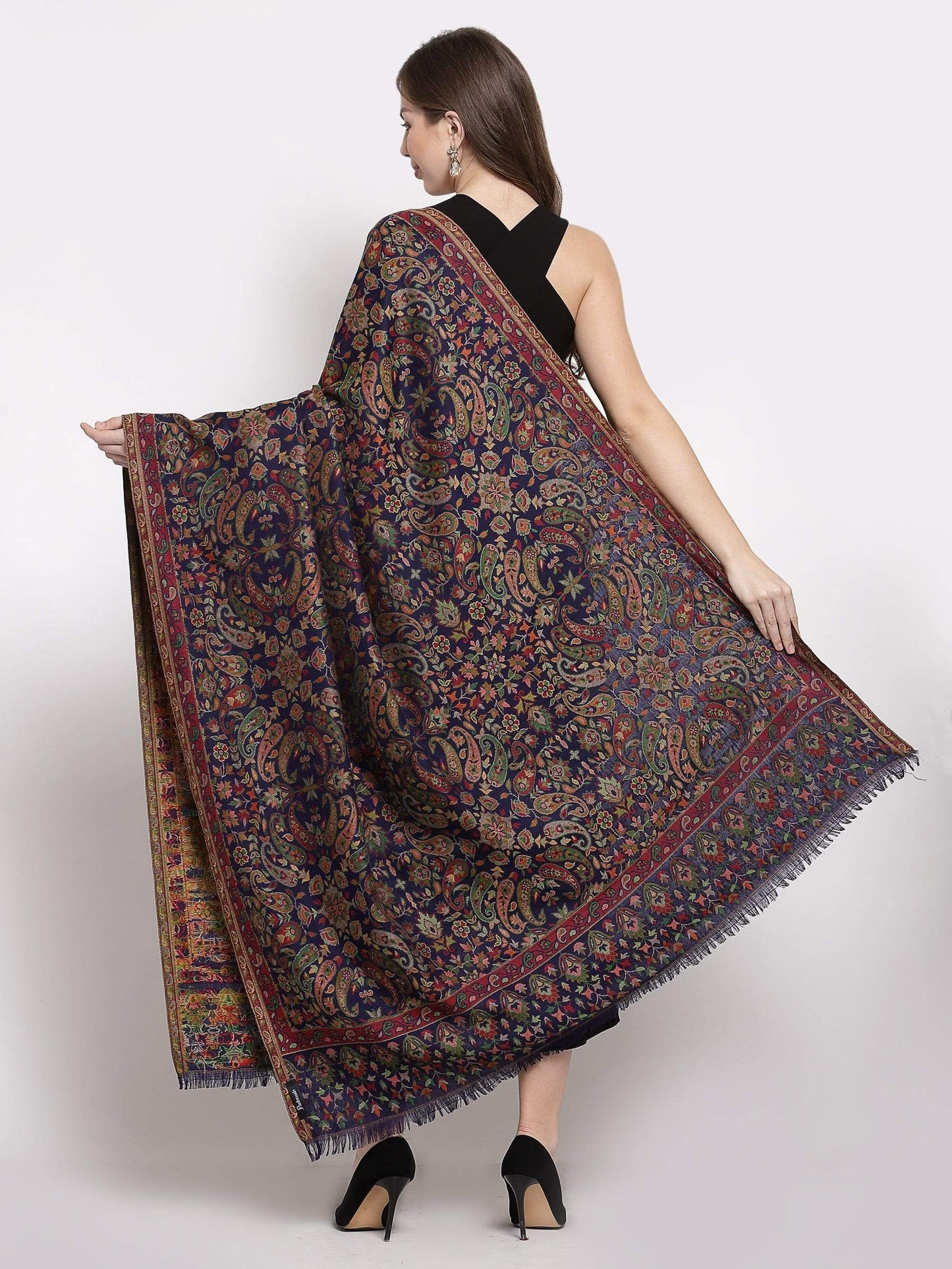 Pashtush India 100x200 Pashtush Womens Faux Pashmina, Kaani Weave Shawl, Navy Blue