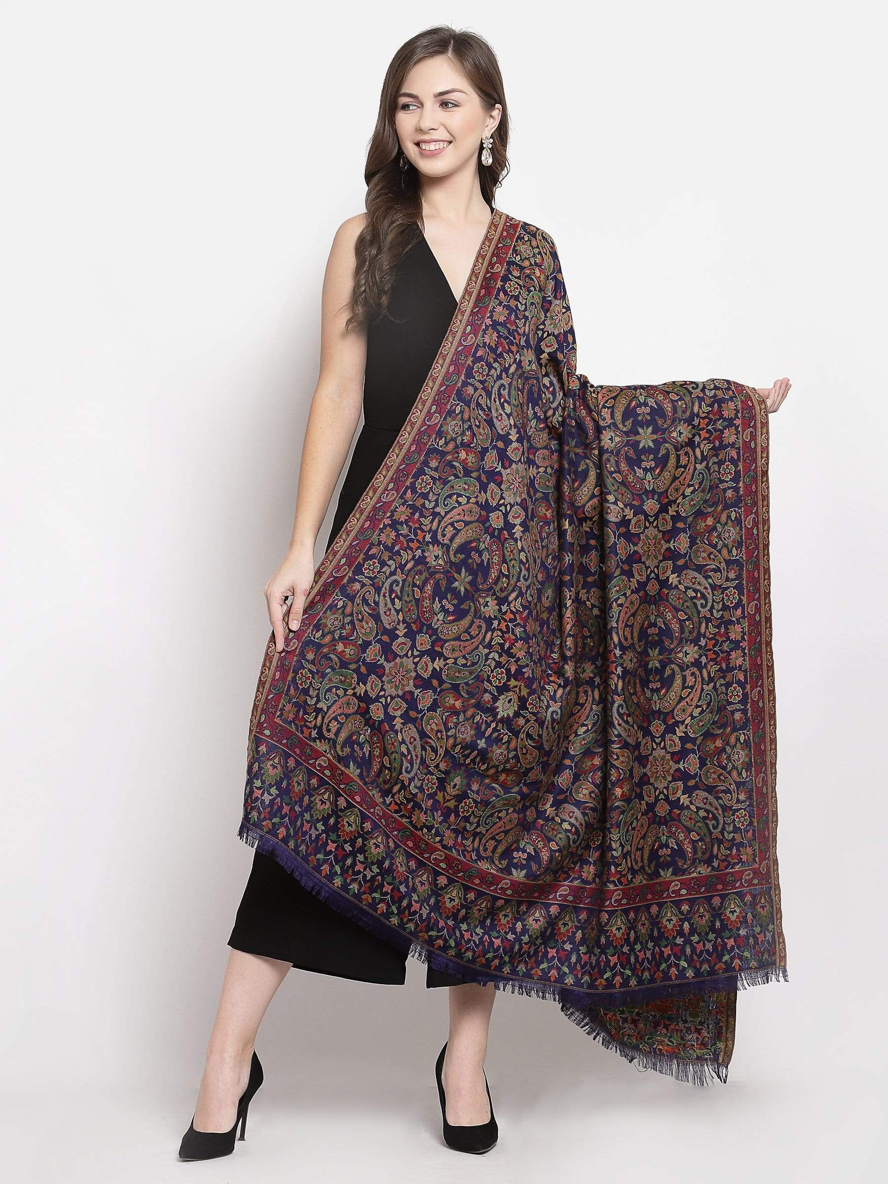 Pashtush India 100x200 Pashtush Womens Faux Pashmina, Kaani Weave Shawl, Navy Blue