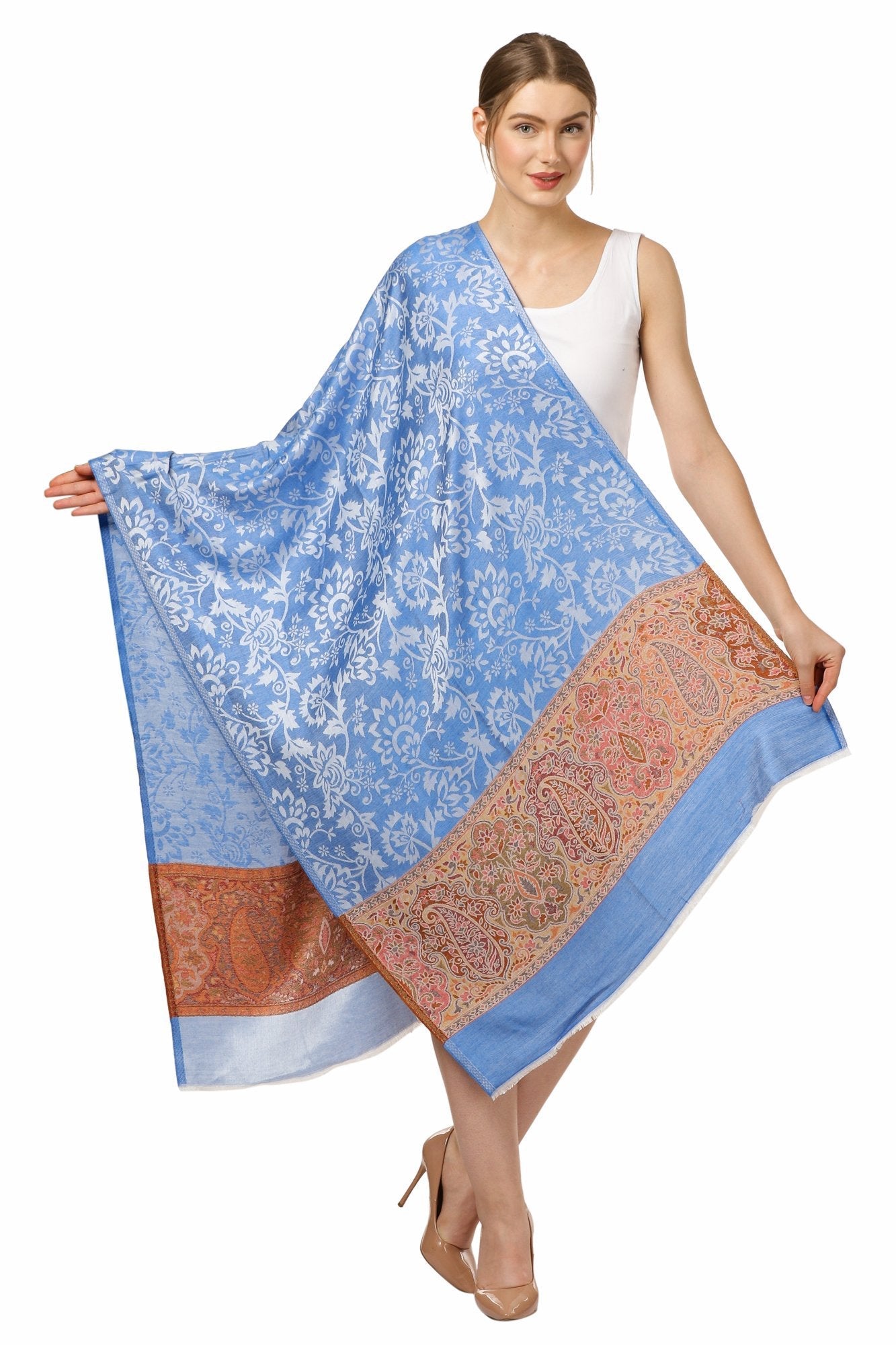 Pashtush Shawl Store Stole PASHTUSH Womens Fine Bamboo Jacquard Scarf, Reversible, Multicoloured - Azure
